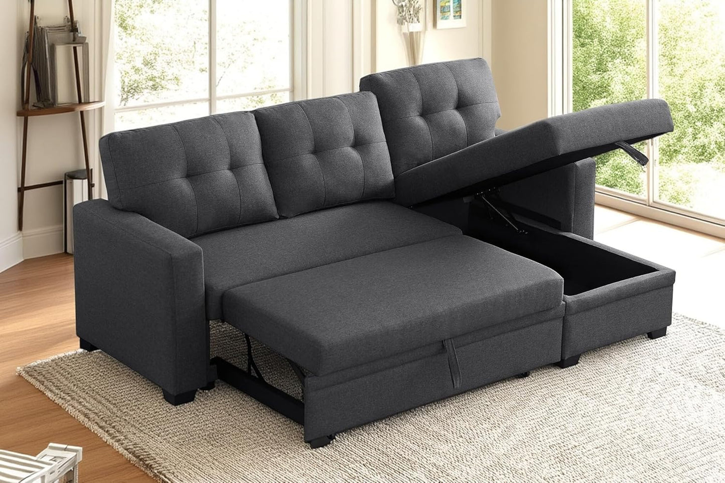 82 Inch Convertible Sleeper Sectional Sofa with Storage Chaise and Pull-Out Bed, Linen Upholstered Reversible Corner Couch, Modular L Shaped Couches for Living Room, Home Furniture, Dark Gray