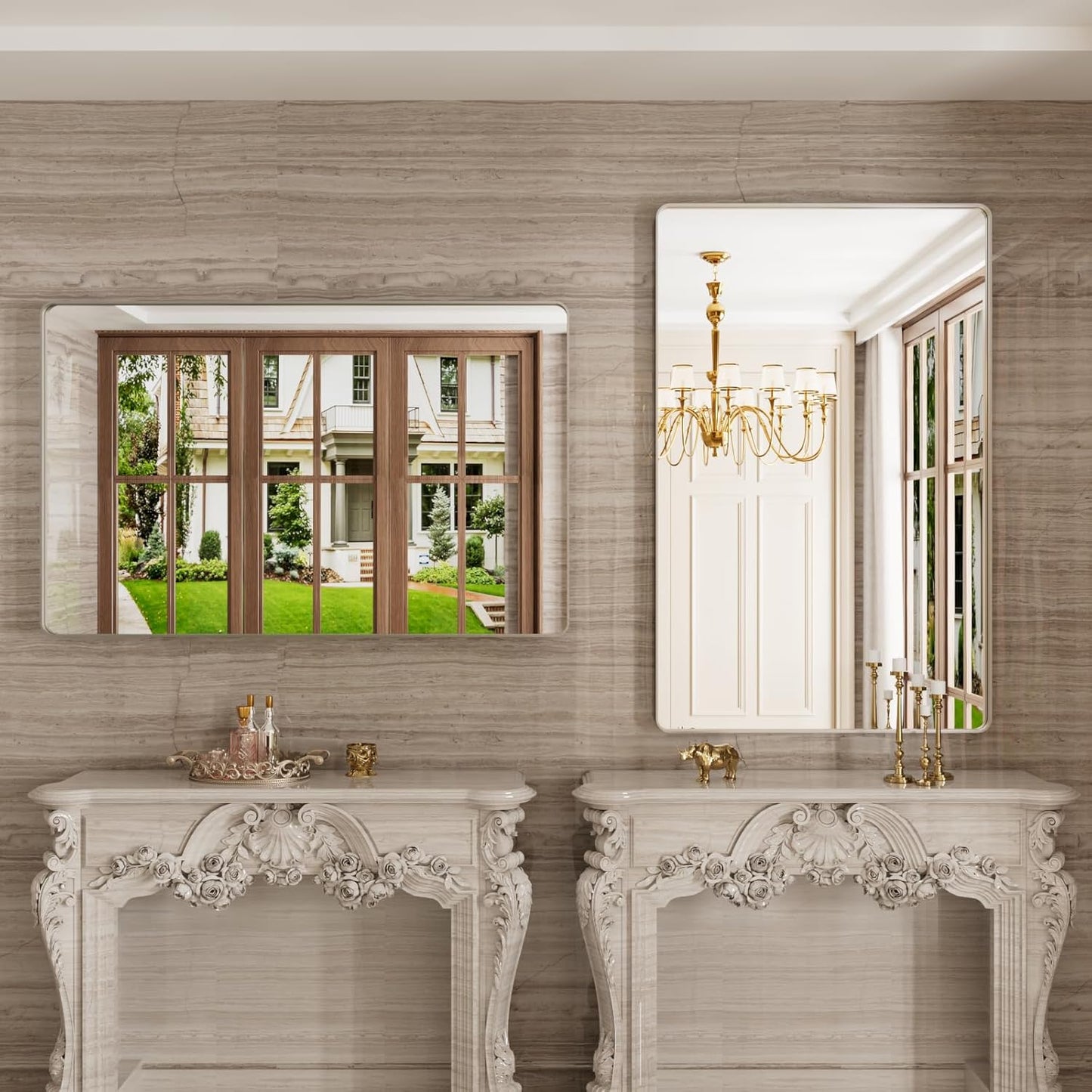 Brushed Nickel Bathroom Mirror 48x30 Inch, Brushed Silver Metal Frame Mirror Wall Mounted, Rounded Rectangle Bathroom Vanity Mirror, Tempered Glass, Anti-Rust, Horizontal/Vertical