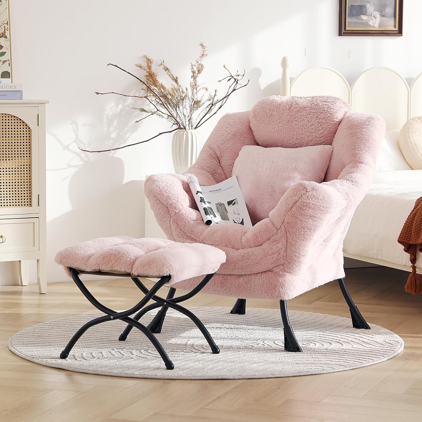 Large Lazy Chair with Ottoman, Accent Reading Chair with a Throw Pillow, Cozy Lounge Chair with Armrest, Leisure Sofa Chair for Living Room, Bedroom, Dorm, Plush Pink