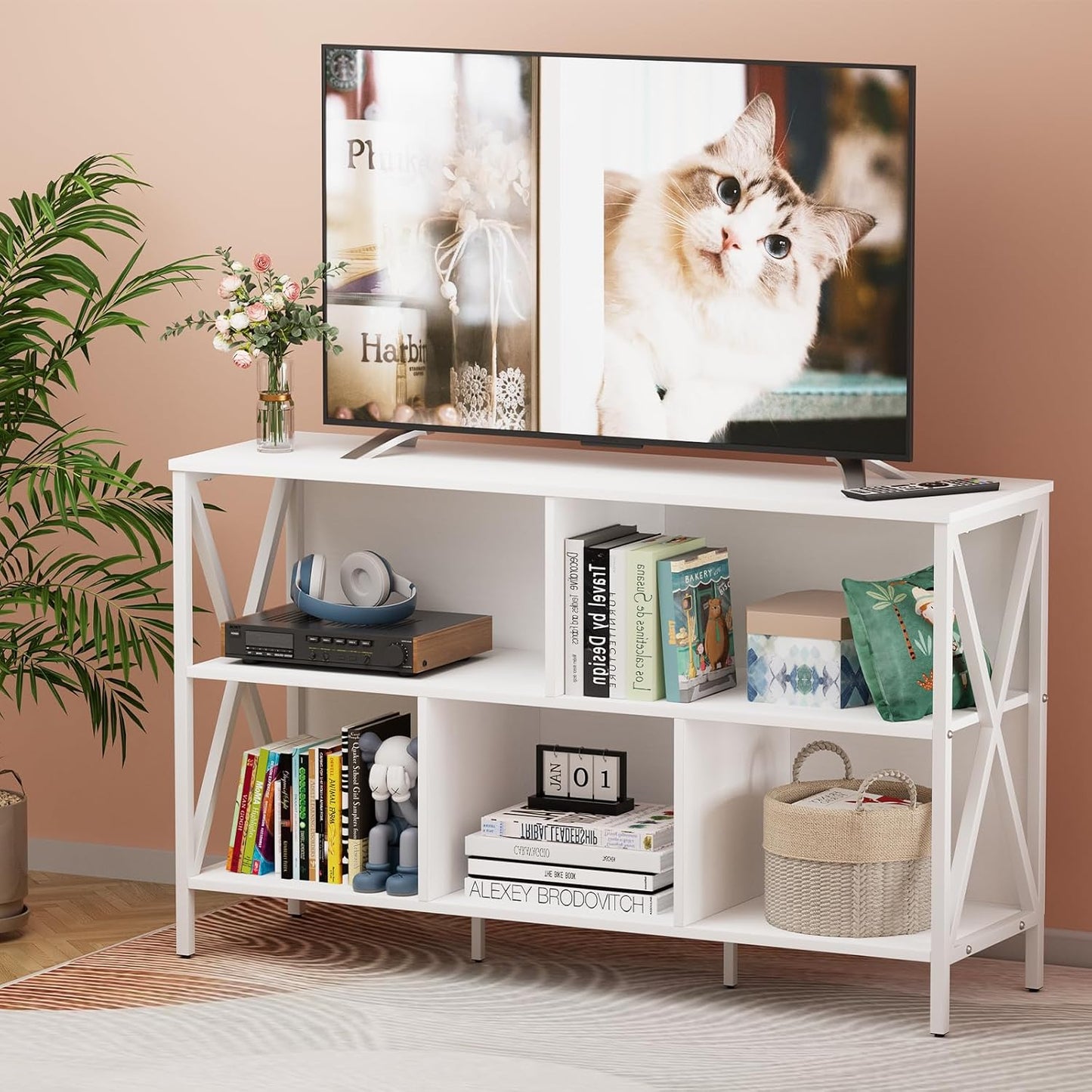 Horizontal Bookshelf,Industrial Modern 5 Cube Low Wide Cubby Bookcase,Long Wood and Metal Storage Organizer Open Shelf, Short Book Shelf Bedroom Storage for Home Office Living Room(White,5 Cube)