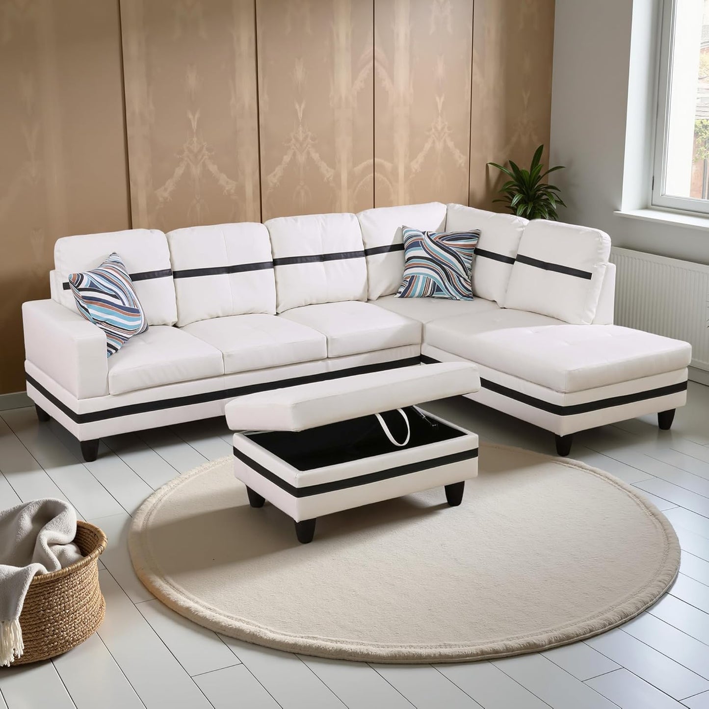 Couches for Living Room PU Leather L Shaped Couch Comfy 3 Pieces Sectional Sofa with Chaise, Ottoman with Storage for Office and Small Apartment, White and Black