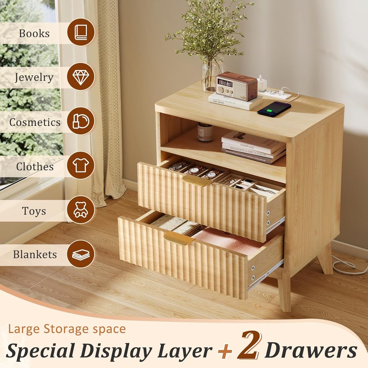 Fluted Nightstand with Charging Station, 19.7 inch Wide End Table with 2 Drawers, Modern Wood Bedside Table for Bedroom(Natural)