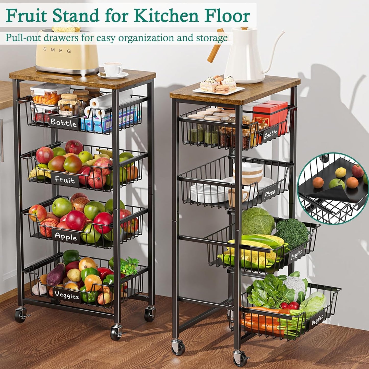 Kitchen Storage Cart with Wheels, 5-Tier Metal Utility Rolling Cart Fruit Vegetable Storage Basket Pantry Rack with Wood Top & Pull Out Baskets for Kitchen, Livingroom, Diningroom, Office