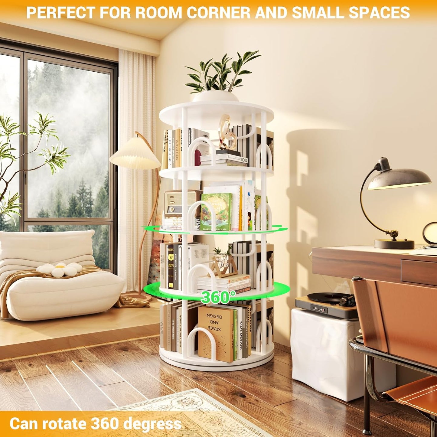 Aheaplus 4 Tier Rotating Bookshelf Tower, 360 Display Spinning Bookcase, Revolving Round Book Shelf Narrow Swivel Bookshelf, Vertical Turning Spiral Corner Book Organizer for Small Space, White