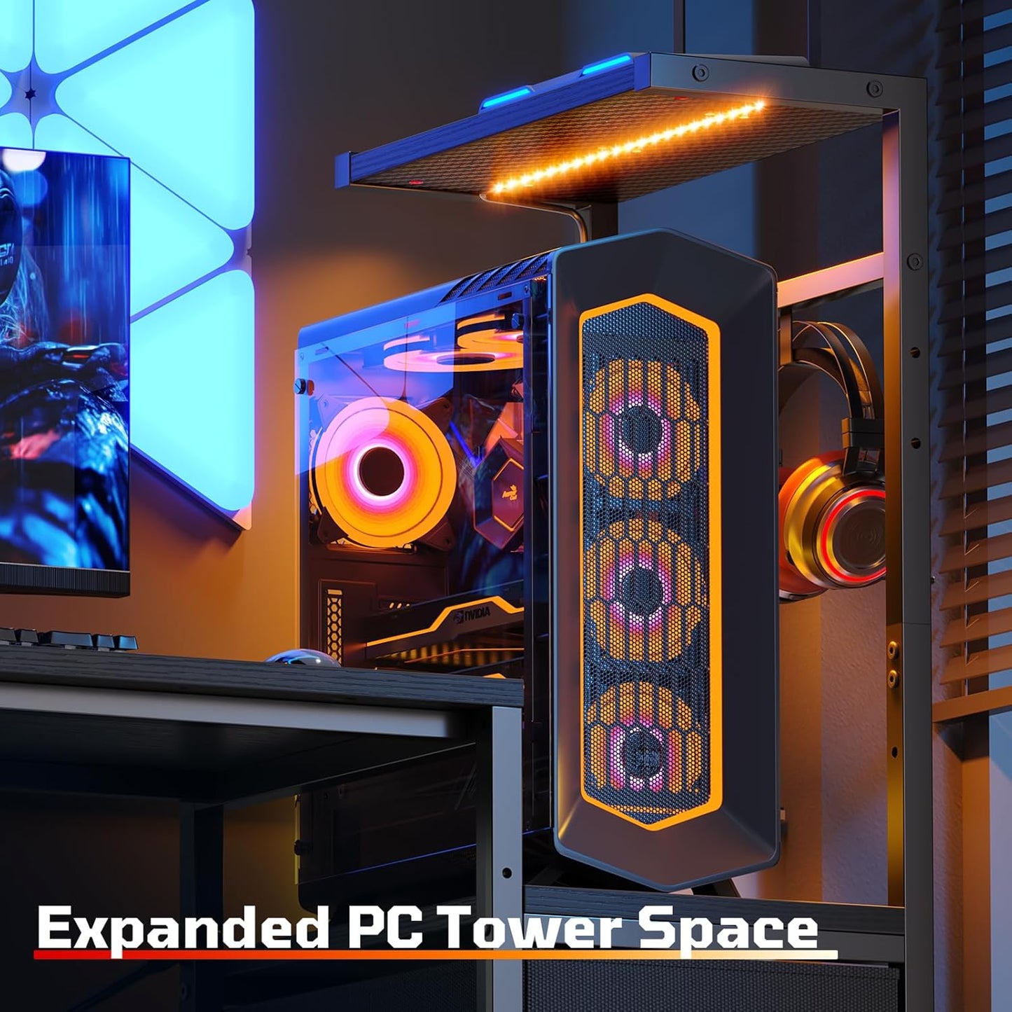 Bestier Gaming Desk with LED Lights, 44 Inch Reversible Computer Desk with Drawers & Storage Shelves for Small Spaces, PC Gamer Table with Storage Bag & Side Hook, Black