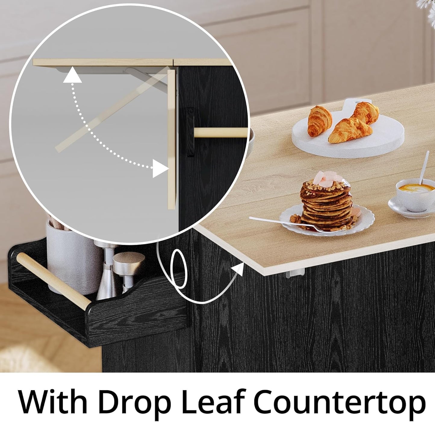 IRONCK Kitchen Island with Storage, Rolling Kitchen Island on Wheels with Drop Leaf, Charging Station, 3 Open Spice Rack, Cabinet, Drawer, Kitchen Cart Island Table for Kitchen, Black