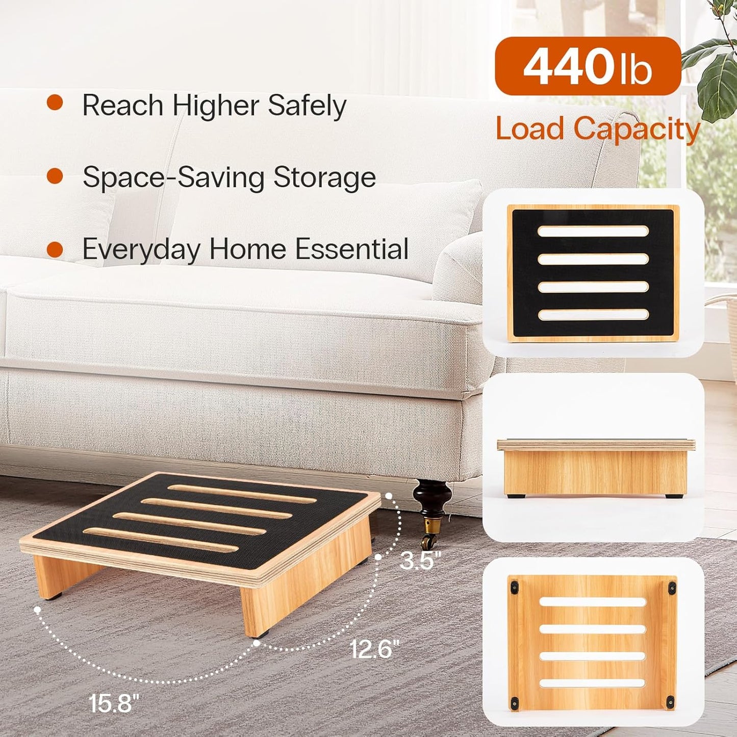 StrongTek 3.5" One Step Stool for Adults, Sturdy Wooden Riser with Non-Slip Rubber Top, 440 lb Capacity, No Assembly Required, Portable for Kitchen, Bathroom, Bedside, Kids & Seniors