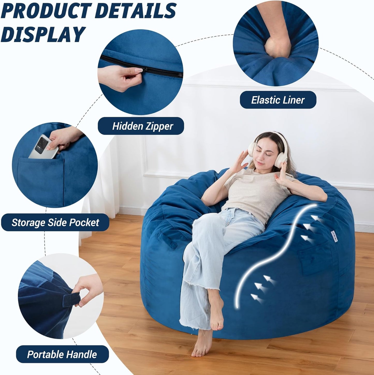 4FT Bean Bag Chair with Ultra Soft Velvet Cover Bean Bag Sofawith Memory Foam Bean Bag Chairs with Large Size Lazy Sofa for Dorm Office Living Room Bedroom Blue 4'