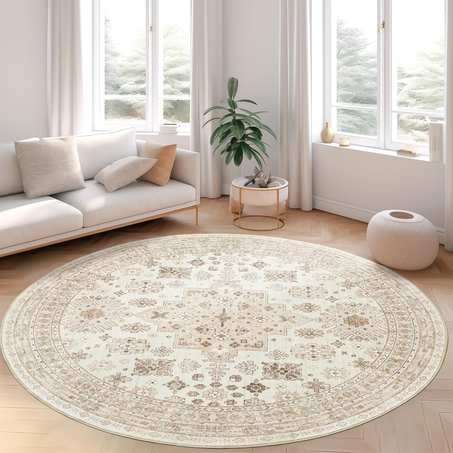 zesthome 8ft Round Rugs for Living Room, Non-Slip Washable Round Area Rugs, Ultra-Thin Large Circle Rugs, Soft Low Pile Rug for Bedroom, Kitchen - Vintage Stain Resistant Round Rug (Cream/Beige,8'x8')