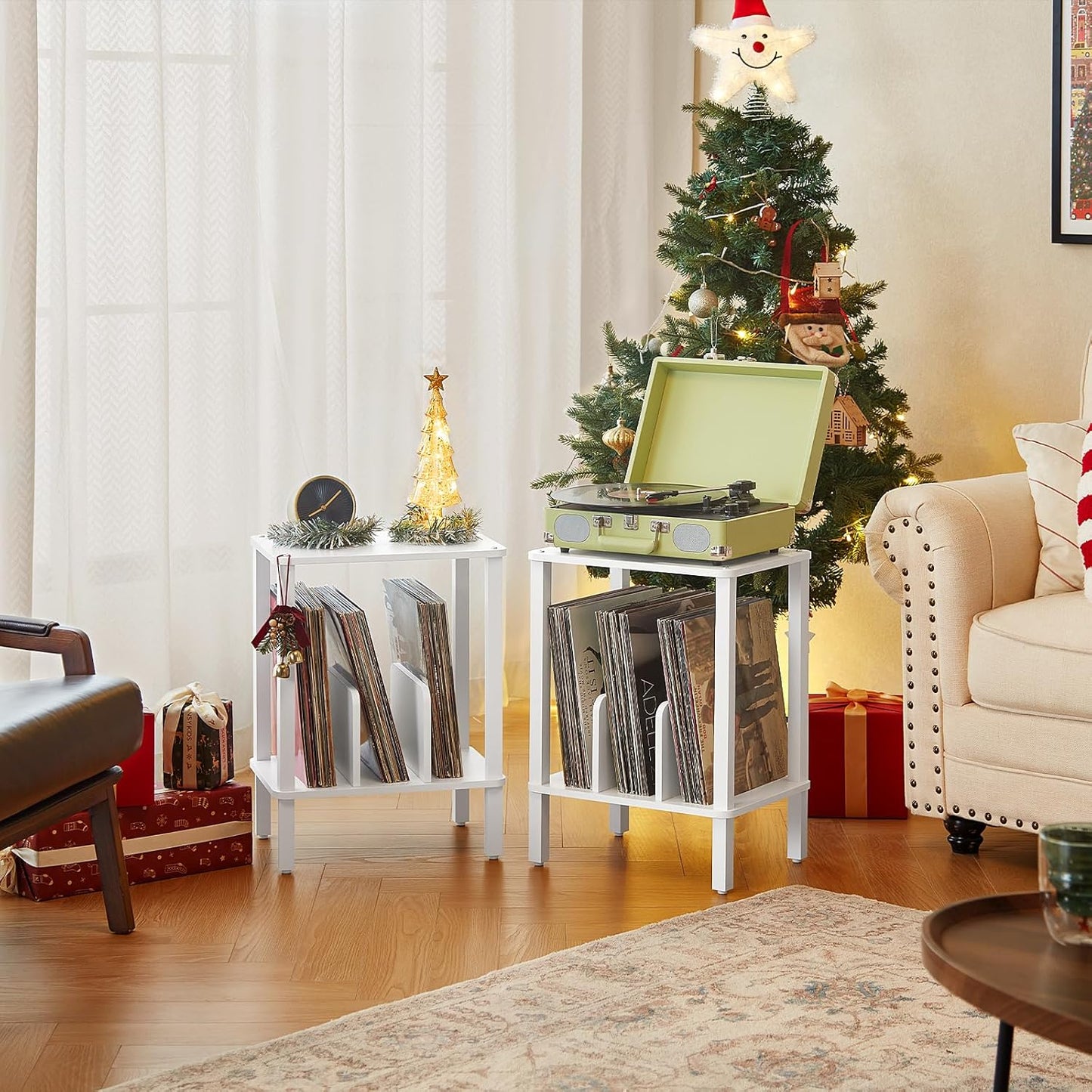 LELELINKY 2-Tier Record Player Stand with Vinyl Record Storage up to 100 Albums, Bedroom Record Holder and Multi-Functional End Table for Living Room, White