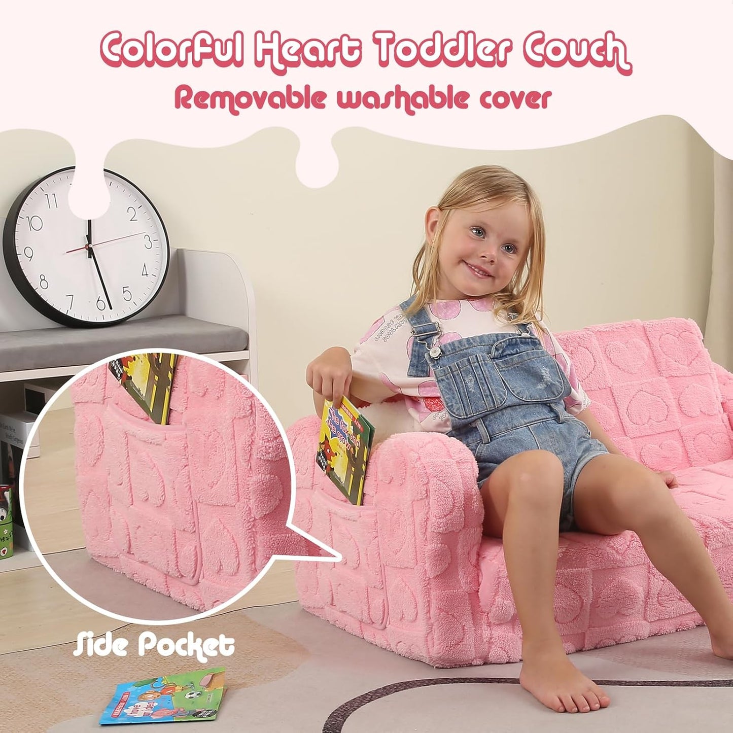 Extra Wider Seating Toddler Couch, 2-in-1 Toddler Soft Couch Fold Out with Star Pillow, Convertible Sofa to Lounger for Girls and Boys, Pink Heart