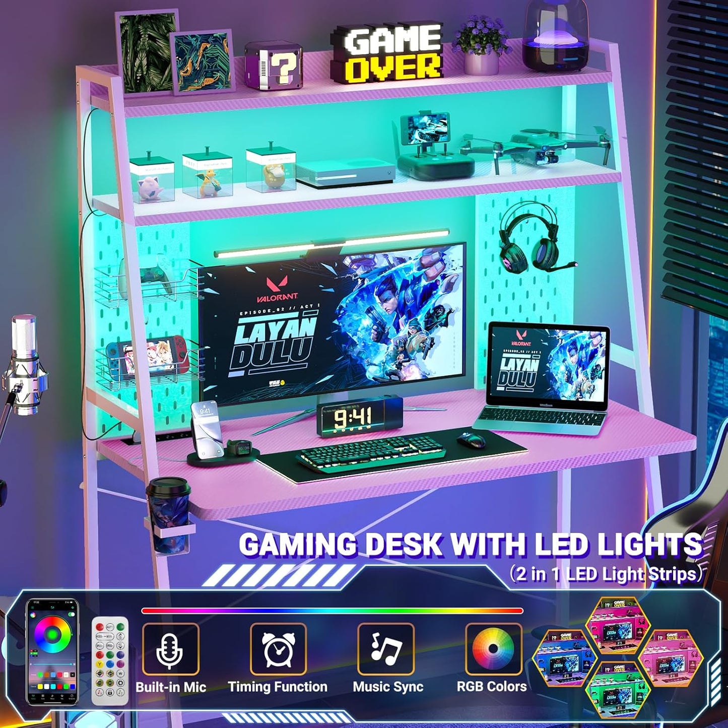 Small Gaming Desk with Hutch and LED Lights, Gaming Computer Desk with Power Outlets, Gamer Desk with Storage Shelves, Game Desks with Pegboards for Bedroom Small Spaces, Pink, 43"
