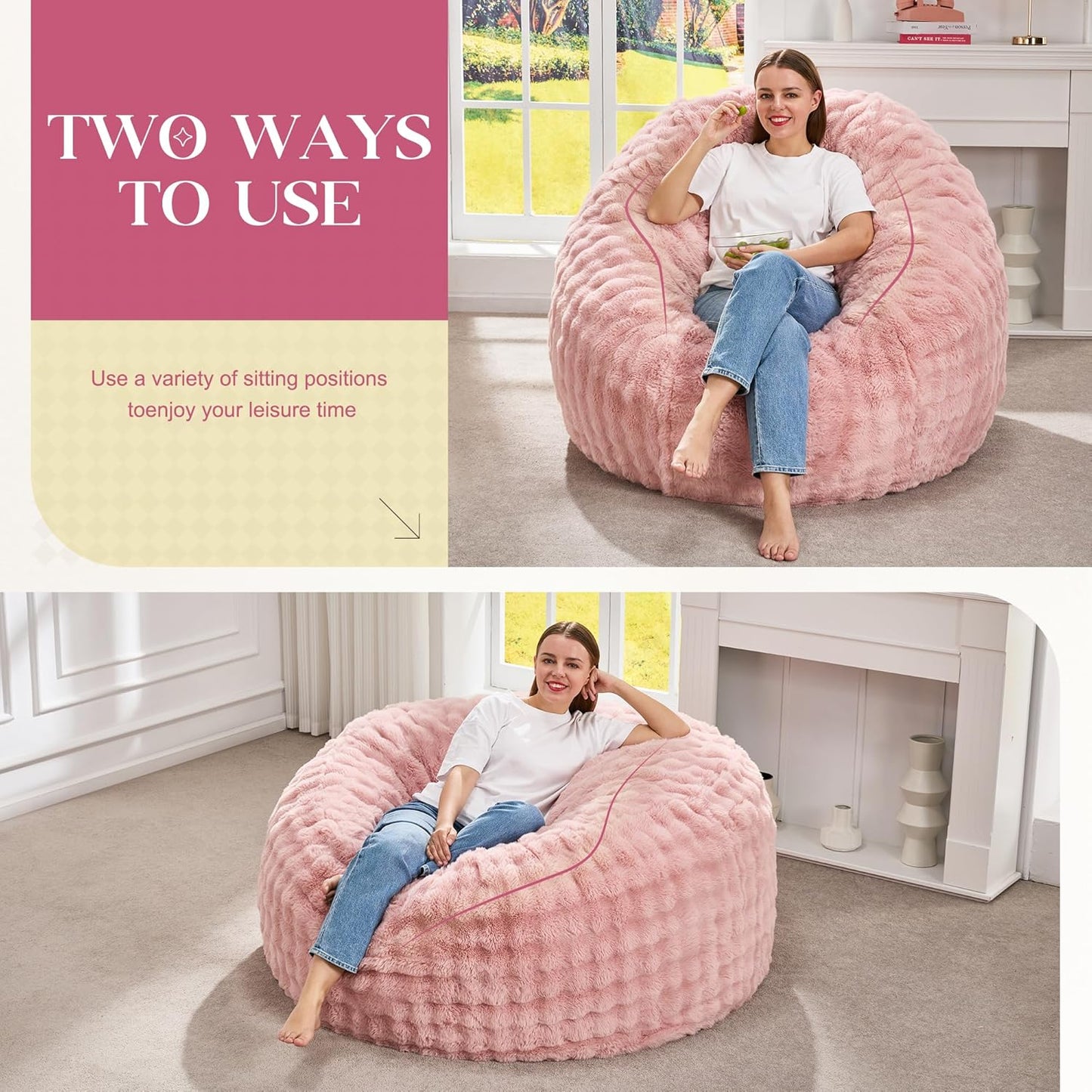 Hobestluk Bean Bag Chairs 4ft Beanbag Chair with Filler Adult Bean Bags with Fluffy & Machine Washable Cover, Giant Bean Bag Chairs for Adults (Pink, 4FT-44" x 44" x 24")