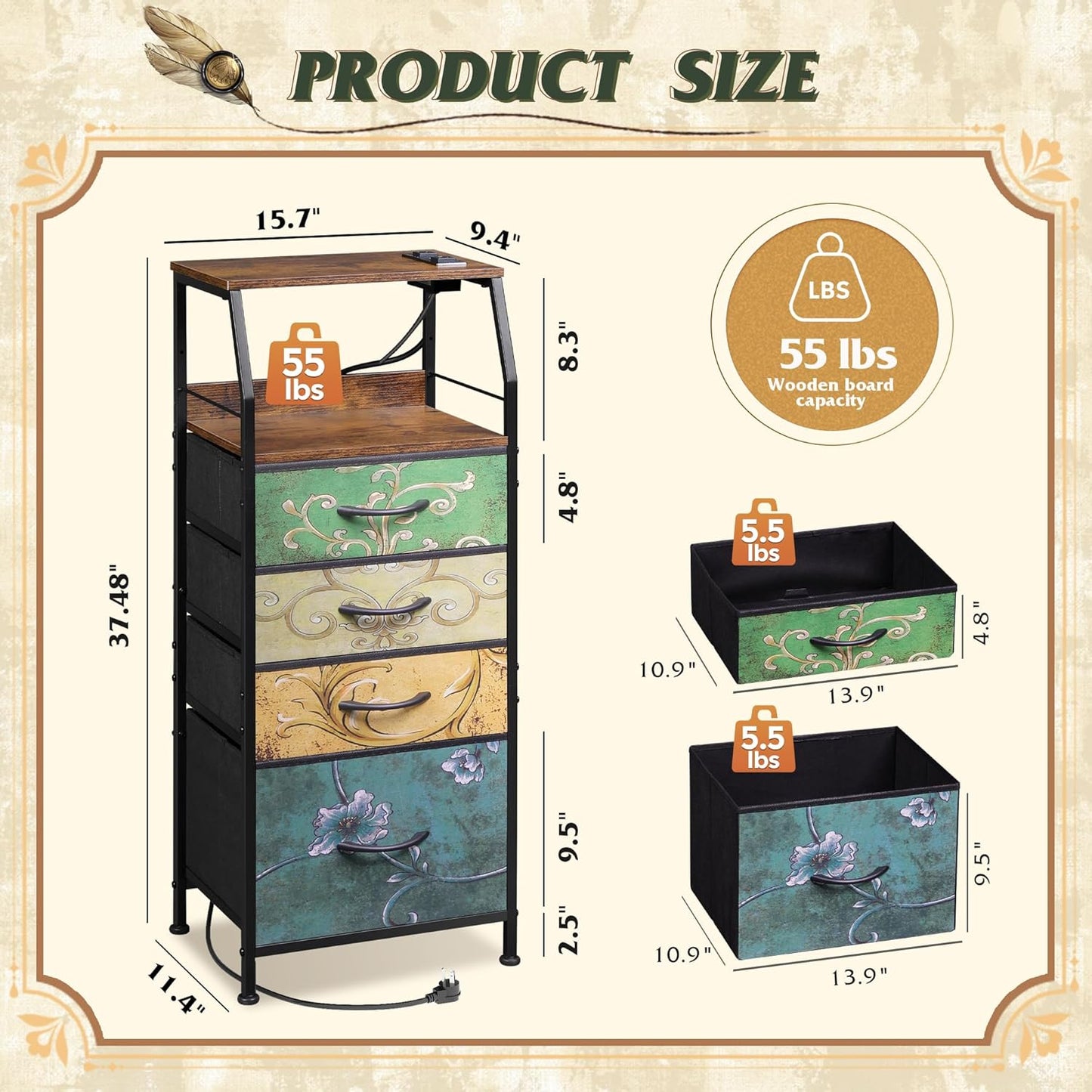 WLIVE 4 Drawer Dresser for Bedroom, 37" H Nightstand with Charging Station and Led Light, Tall Night Stand Bed Side Table, End Table with USB Ports and Outlets, Fabric Bins, Floral Painted