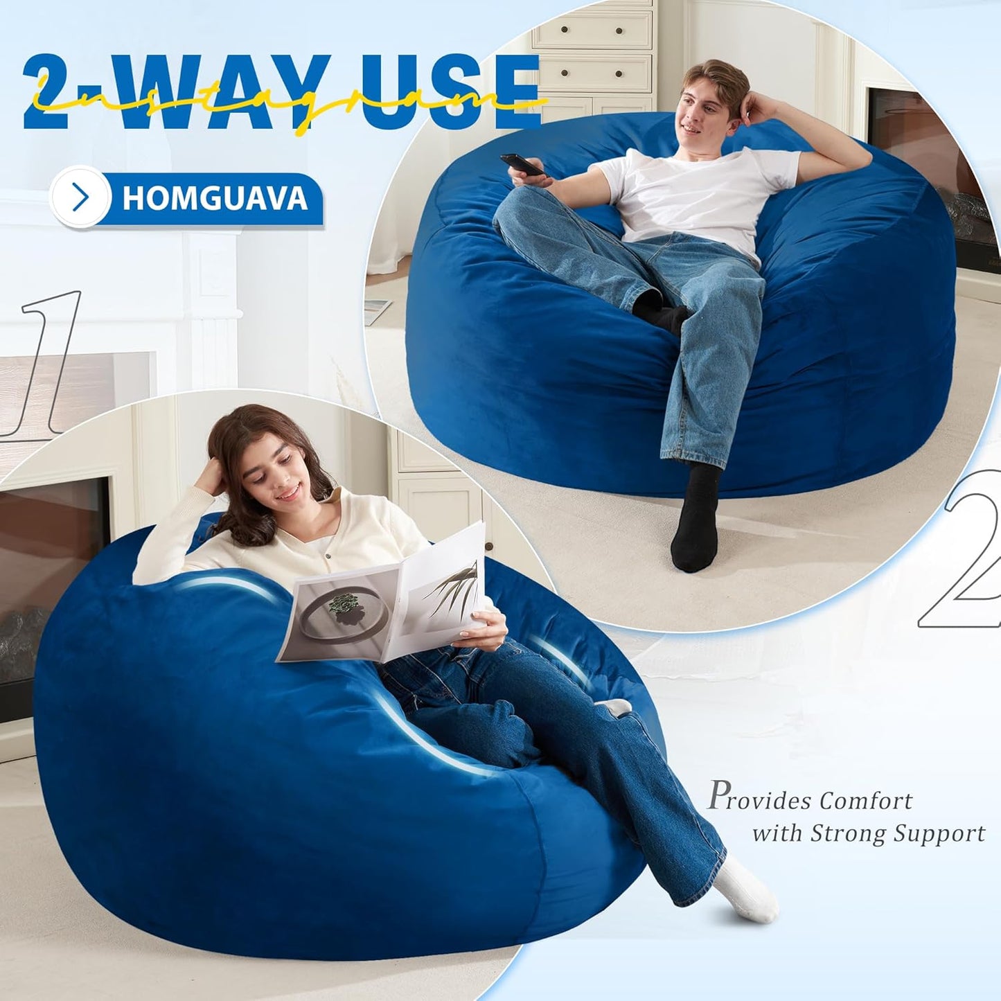 Homguava 4 FT Bean Bag Chair: 4' Bean Bags with Memory Foam Filled, Large Beanbag Chairs Soft Sofa with Dutch Velvet Cover-Blue