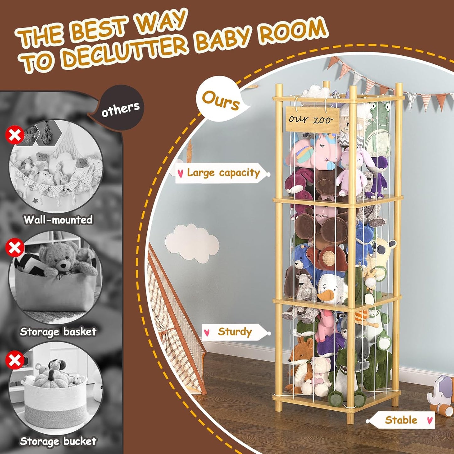 Bamboo Stuffed Animal Storage Zoo, Large Capacity Plush Toy Cage, Wood Stuffed Animals Holder for Toddler Room, Playroom, Bedroom