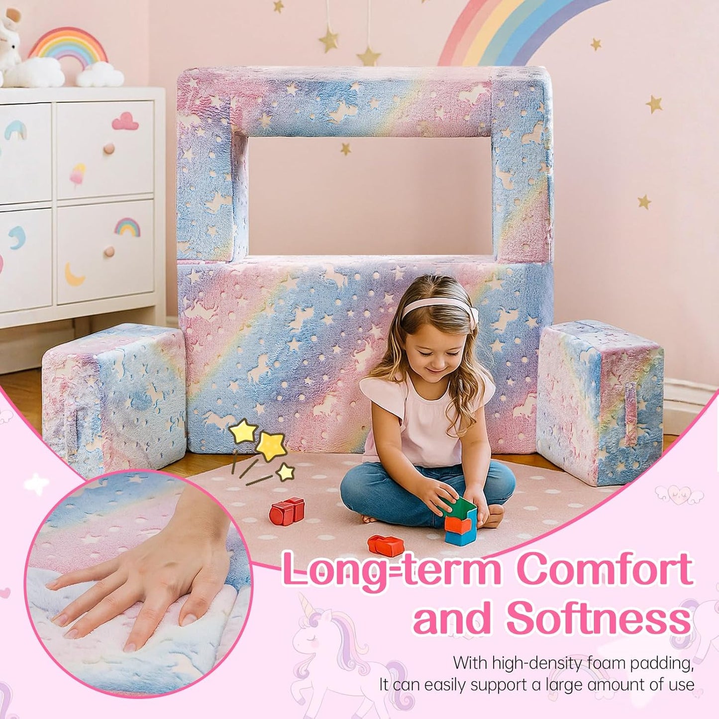 Lamerge Toddler Couch Glow in The Dark Toddler Fold Out Couch for playroom, Convertible Baby Fold Out Play Foam and Floor Cushion for Bedroom (Rainbow+Unicorn)