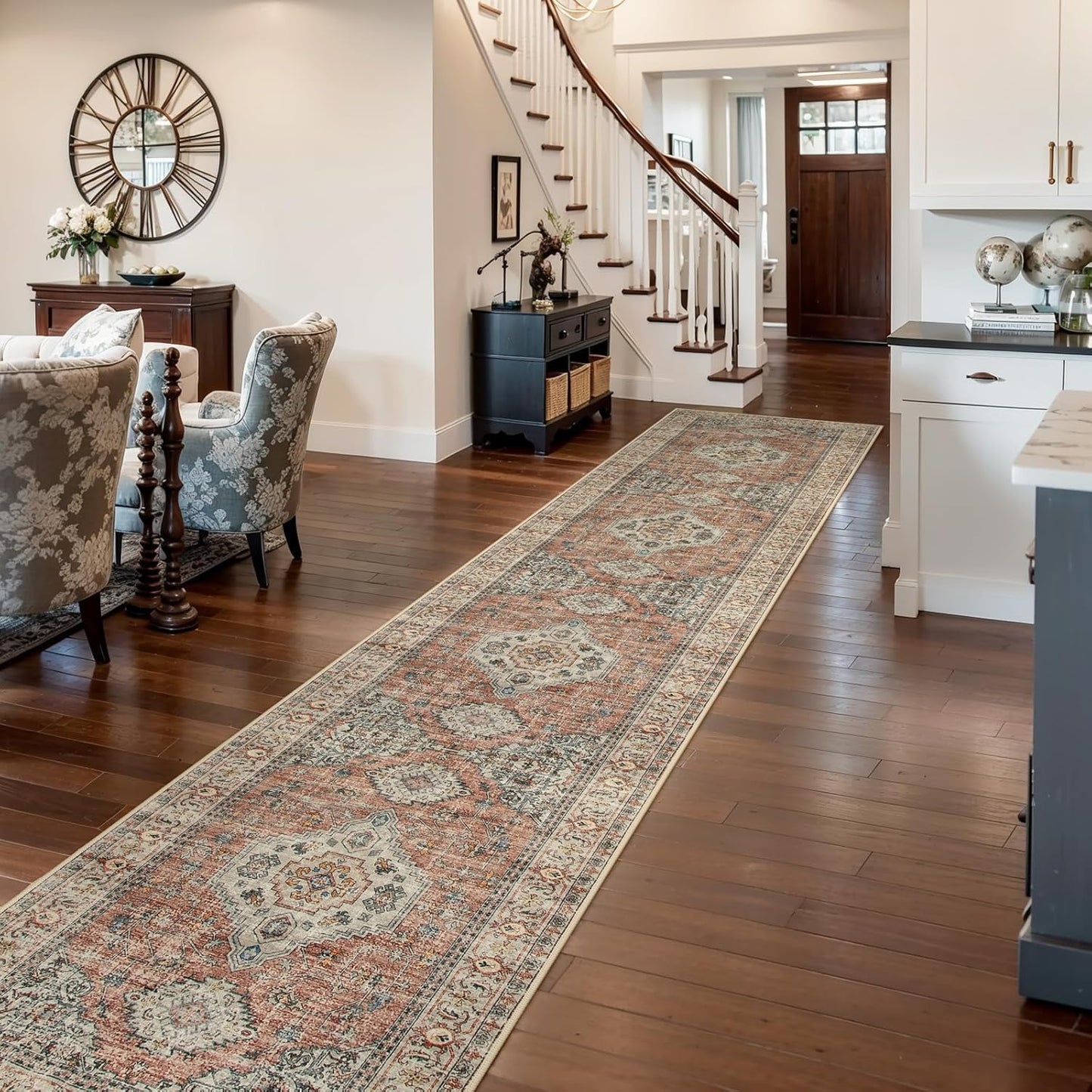 Lahome Oriental Kitchen Runners for Hallways, 2.5x12 Washable Runner Rug Non Slip, Soft Hallway Rug Distressed Ultra-Thin Long Carpet for Bathroom Entryway ‎Bedroom, Peach/Orange