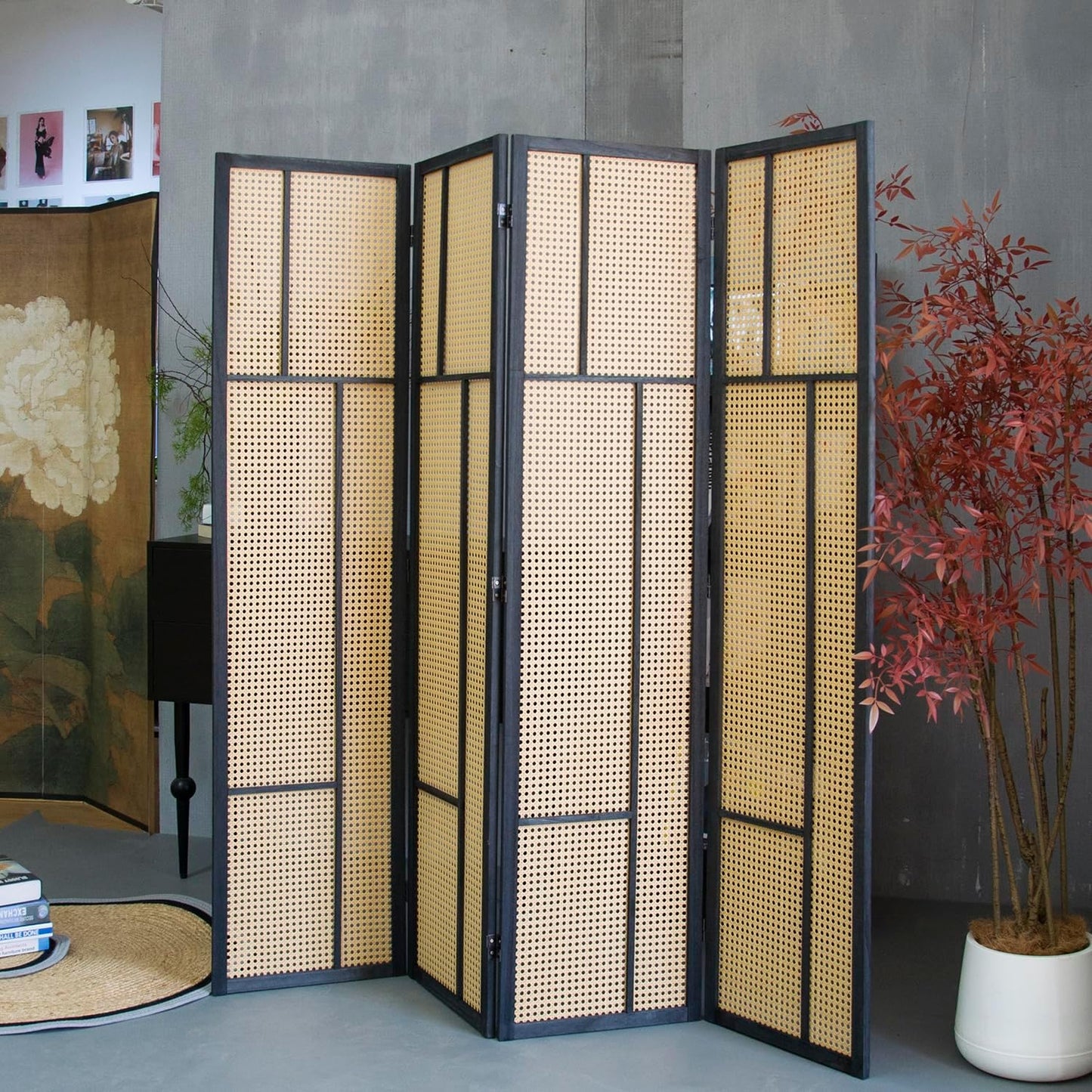 4 Panel Room Divider Screen and Folding Panel Screen,Double Sided Rattan Divider for Room Separation,Brown,67" H x 63" W