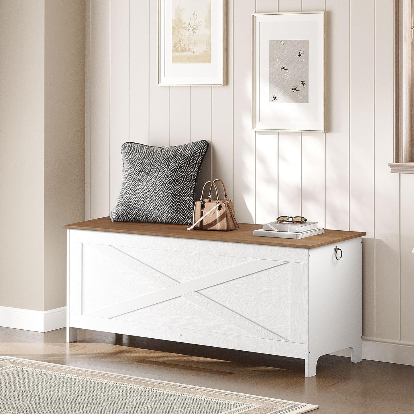 47.2" Toy Chest, Sturdy Entryway Storage Chest with Safety Hinge, Retro Toy Box, Wooden Look Accent Furniture for Living Room, Bedroom, White+Walnut SCBZ48801