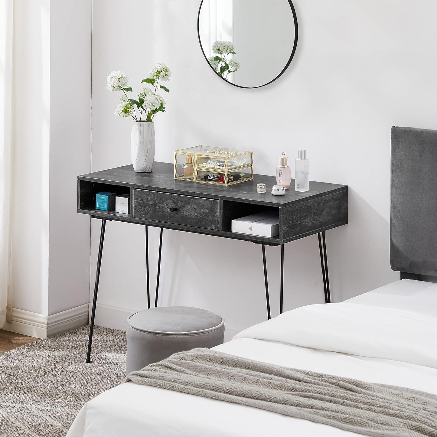 VECELO 39.3" Home Office Work Table with Drawers,Computer Desk with Hairpin Leg for Writing/Study,Charcoal Grey