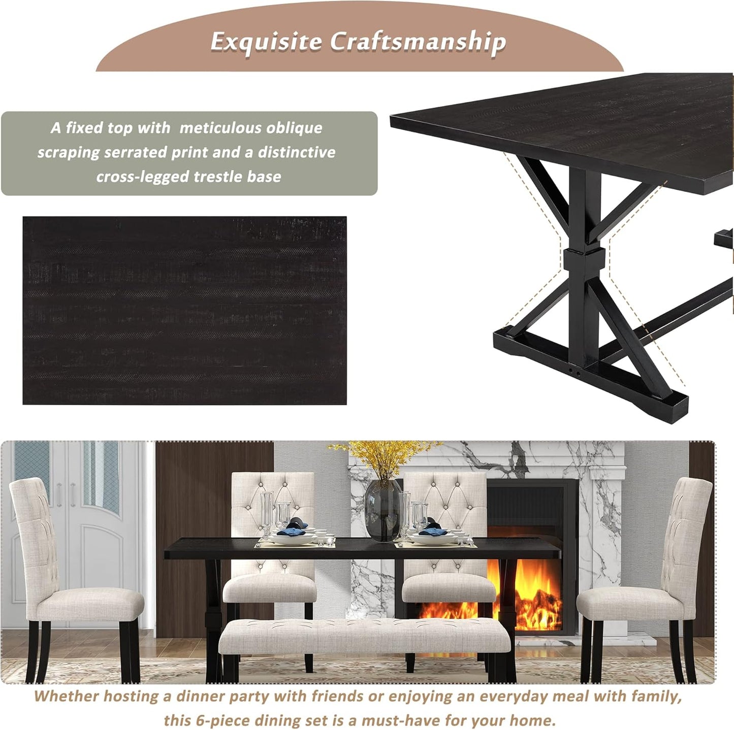 Ball & Cast 6 Piece Dining Table Set with 4 Upholstered Chairs and 1 Bench,Wooden Living Room Furniture for 6 W/ 72" Rectangle Desk,for Small Space,Apartment,Dining Room,Espresso