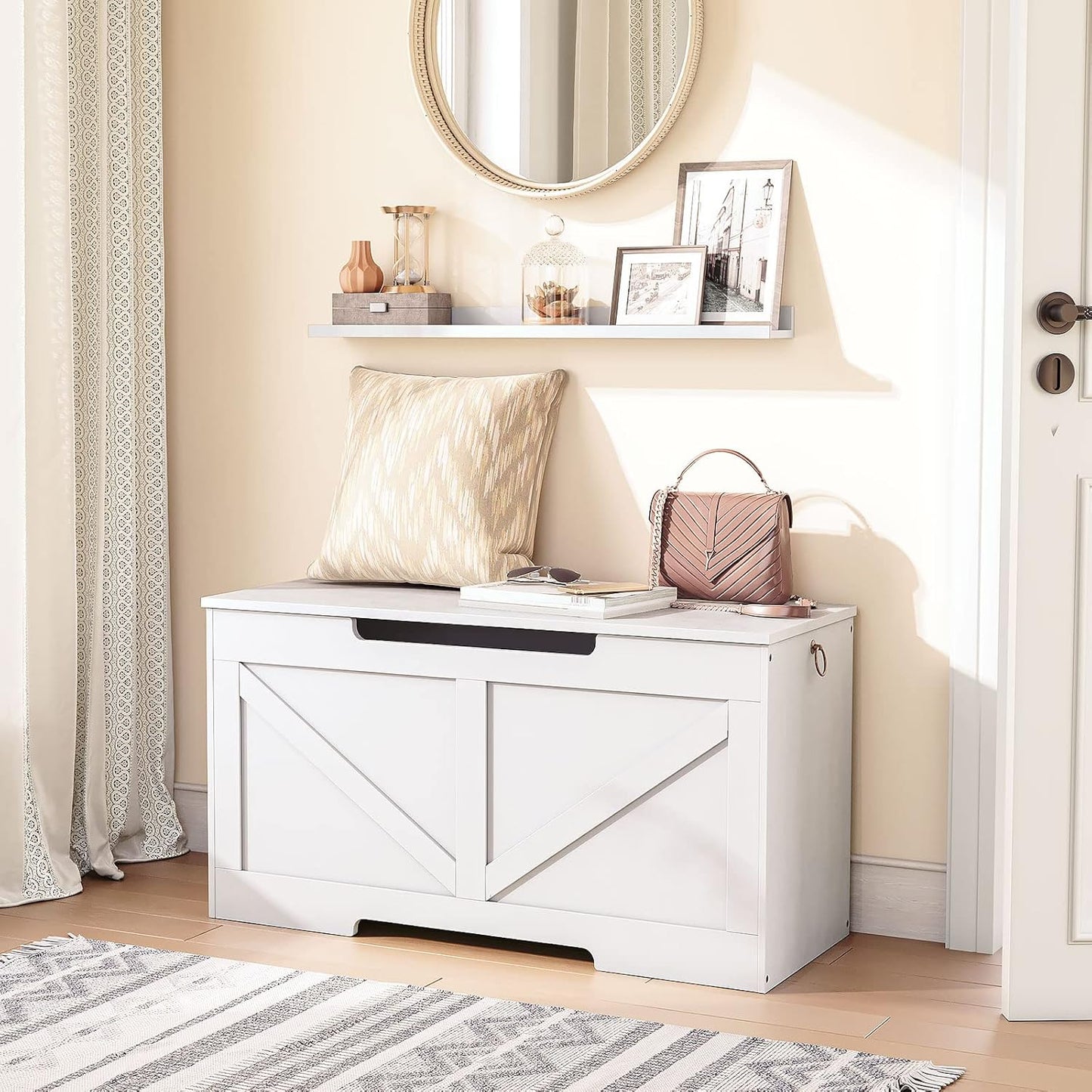 HOOBRO Storage Bench, 29.5” Retro Wooden Storage Chest with U-Shaped Cut-Out Pull, Safety Hinge, Supports 220 lb and Easy Assembly for Toy Box Organizer (White) WT77CW01