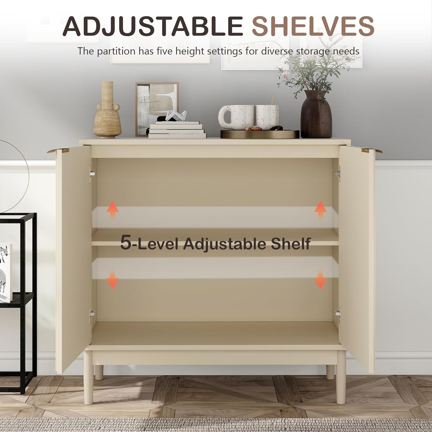 Fluted Cabinet with Storage, Buffet Cabinet Sideborad with Door, Kitchen Buffet Storage Accent Cabinets with Adjustable Shelves for Living Room, Entry, Hallway, Beige