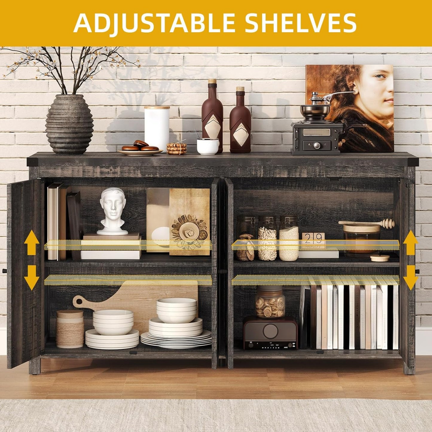 DWVO Buffet Cabinet with Storage, 55" Sideboard Buffet Storage Cabinet with Shelves and Doors, Farmhouse Coffee Bar Cabinets Kitchen Table for Kitchen, Dining Room, Dark Oak