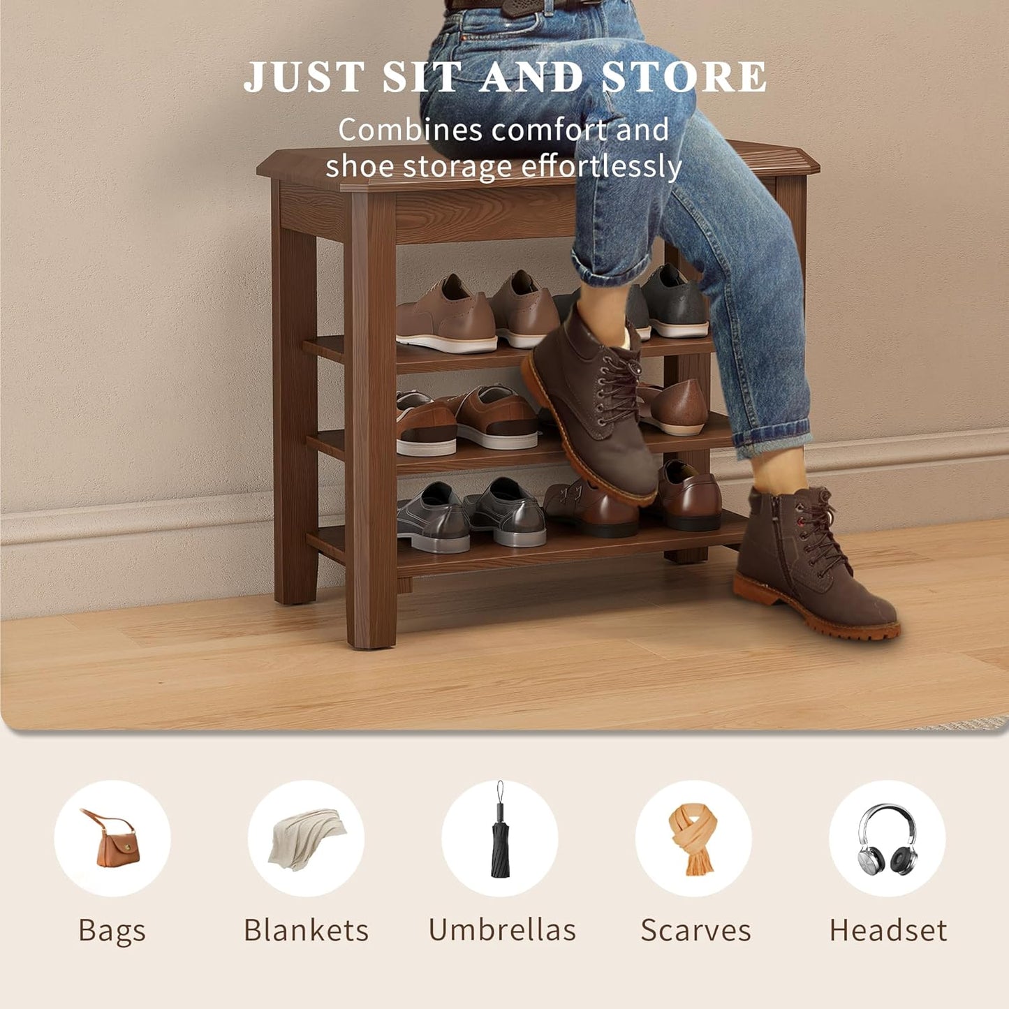 Shoe Rack for Front Door Entrance, Solid Wood Shoe Bench for Closet, Holds Up to 550lbs, Shoe Rack Bench for Entryway, Mudroom, Hallway