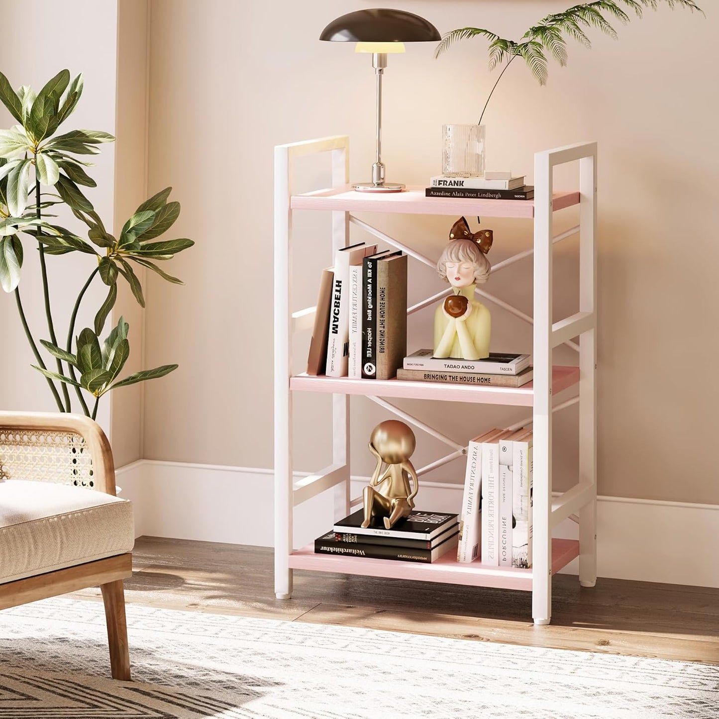 Homeiju Pink Bookshelf, 3 Tier Industrial Bookcase, Metal Small Bookcase, Rustic Etagere Book Shelf Storage Organizer for Living Room, Bedroom, and Home Office(Pink) Patent Pending D29873033