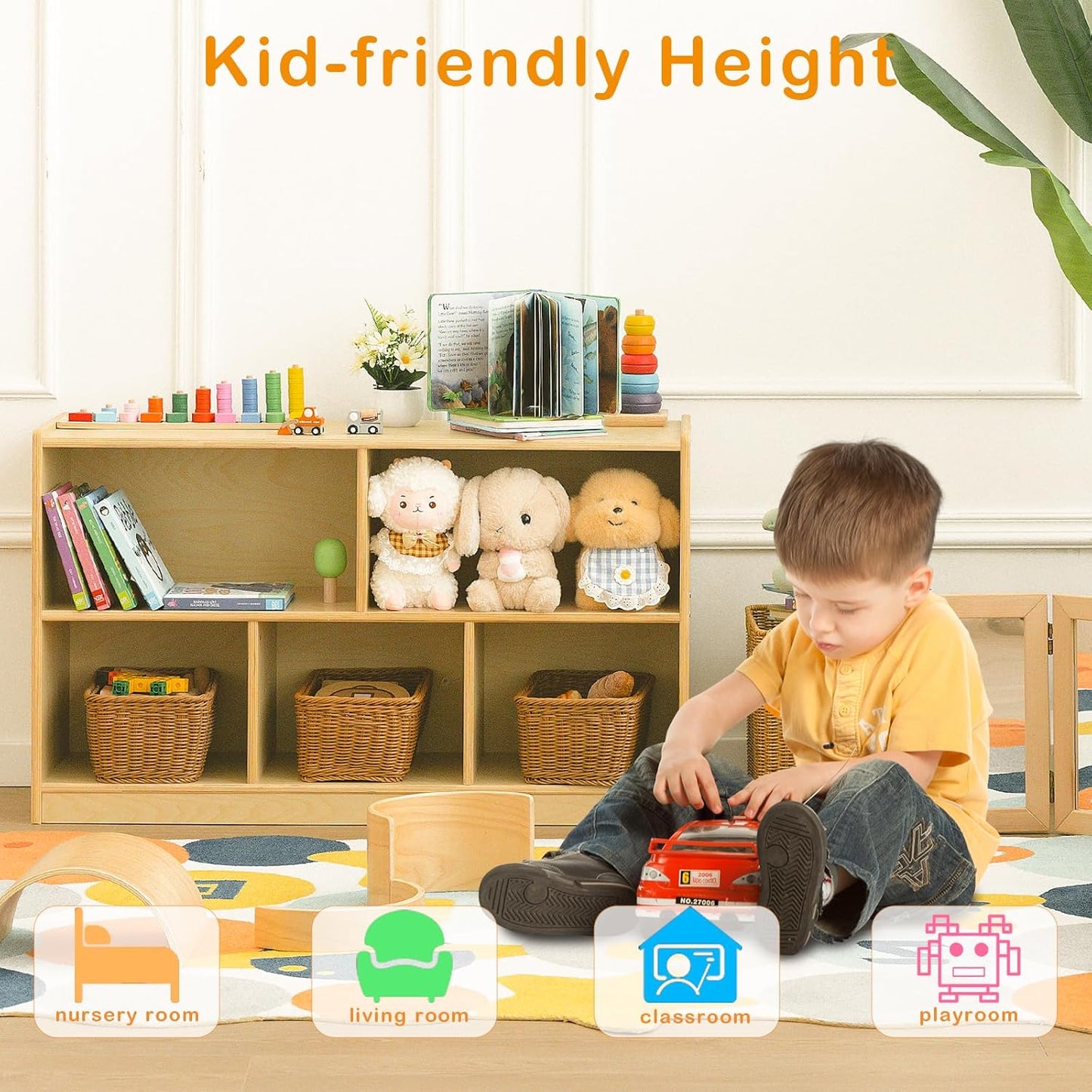 Kids Bookshelf and Toy Storage Shelf, Wooden Montessori Bookshelf, 2-Tier Toy Shelf with 5 Cubby, Classroom Furniture, Birch Children Bookcase, Book Shelf for Kids Room, Nursery, Playroom