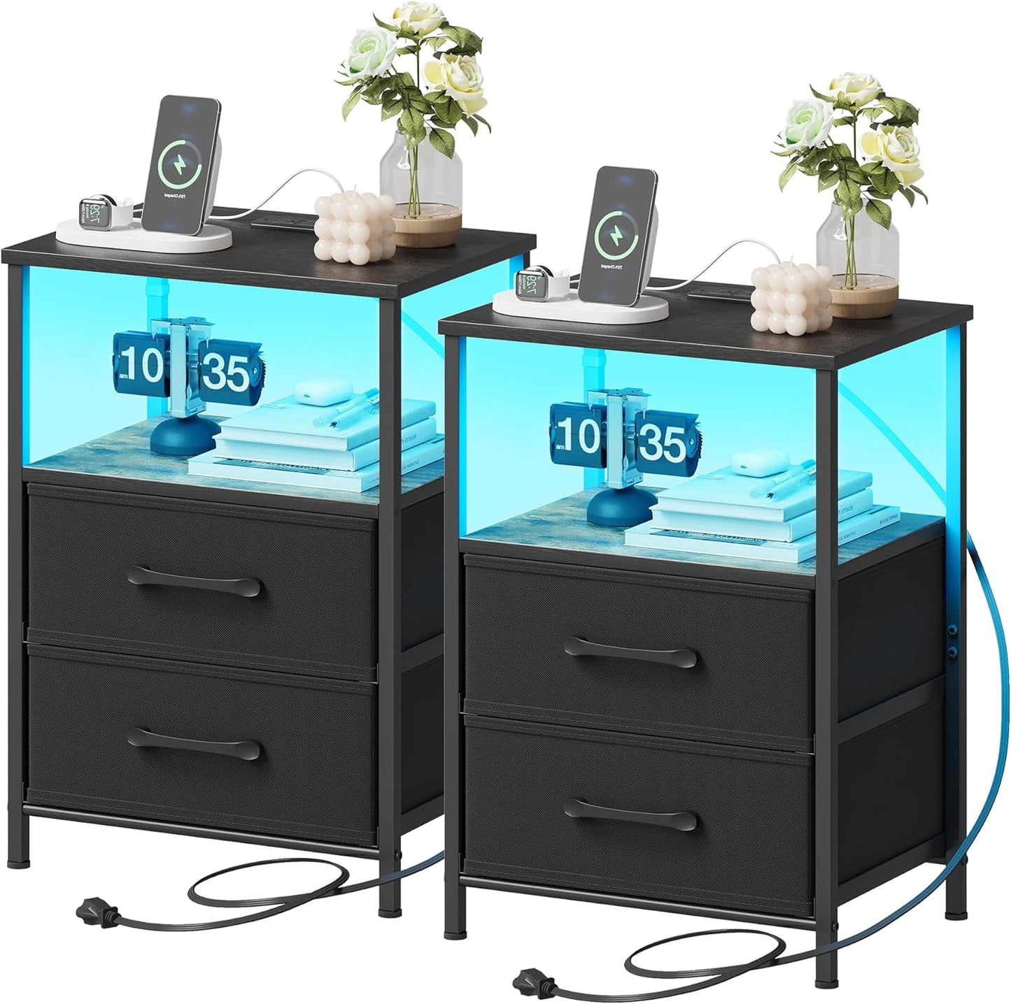 Nightstands Set of 2, Night Stand with Charging Station and Led Lights, Bedside Table with 2 Fabric Drawers for Bedroom, Small Side End Table with Open Shelf, Black