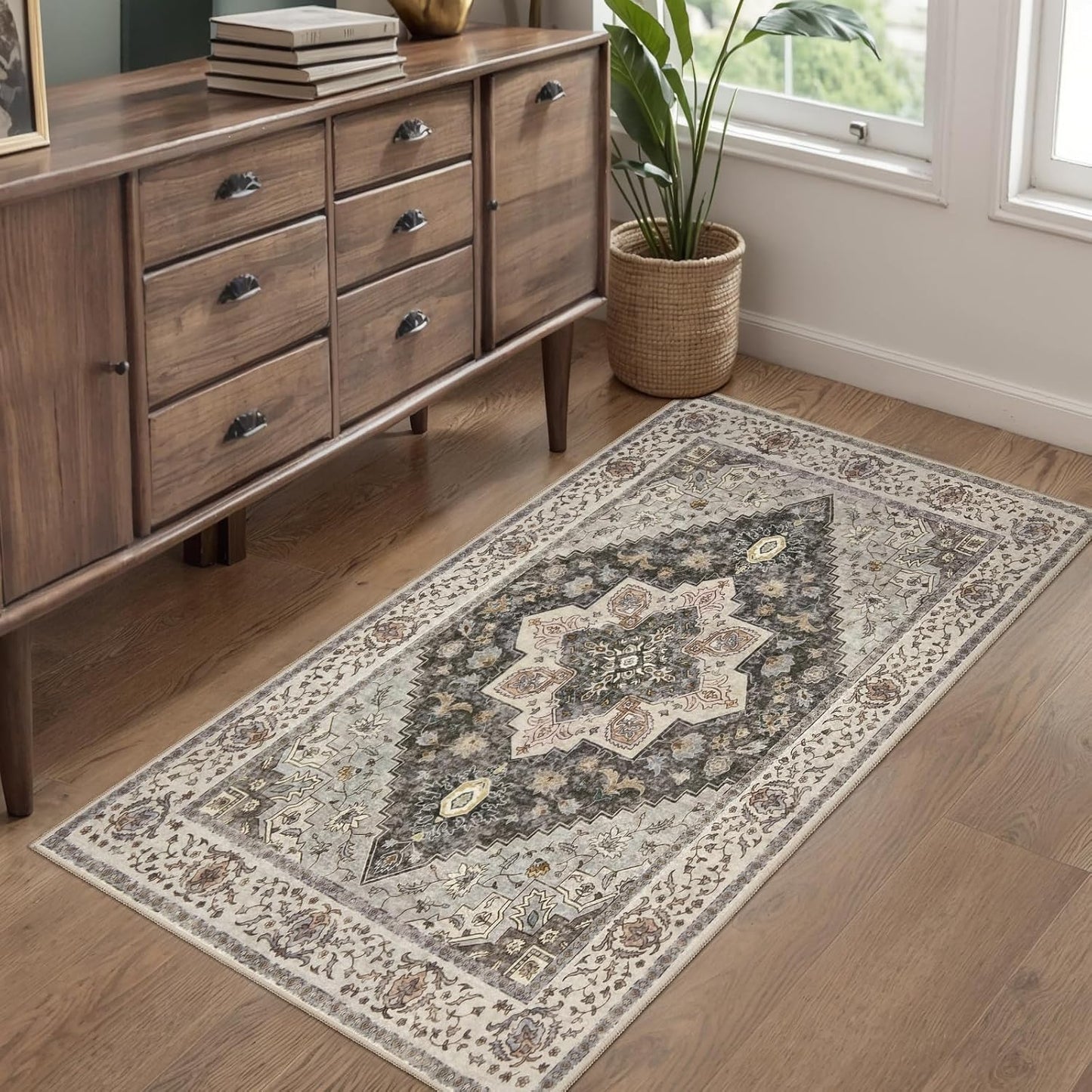 Kitchen Rugs 2x4 Washable Rug for Entryway Vintage Non Slip Small Rugs Front Door Mat Indoor Entrance, Print Distressed Throw Rug Grey Brown Soft Low Pile Rugs Small Carpet for Entry Bedroom Bathroom