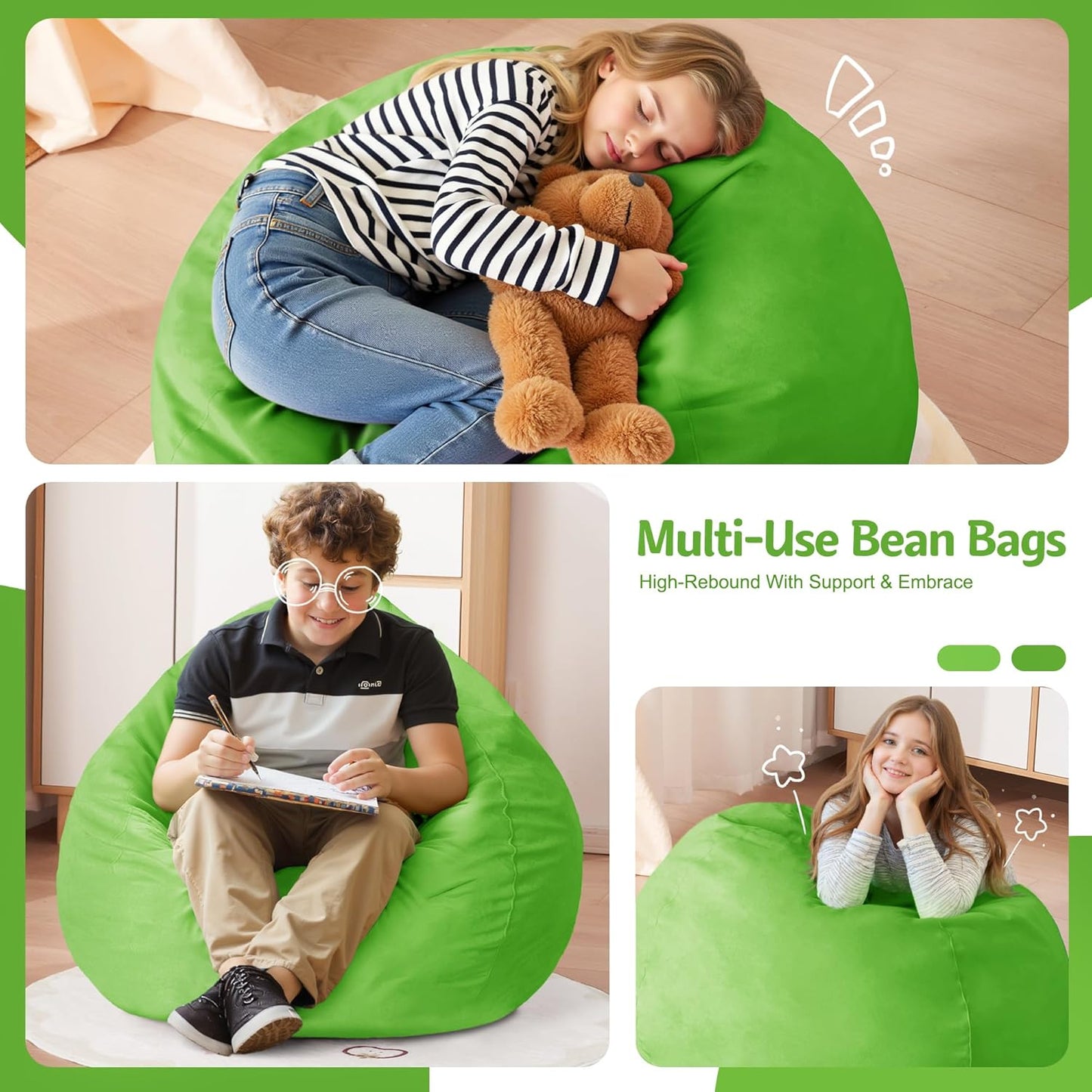 Homguava 2FT Bean Bag Chair: 2' Bean Bags with Memory Foam Filled,Comfy Beanbag Chairs Round Bean Bag Sofa with Dutch Velvet Cover-Lime