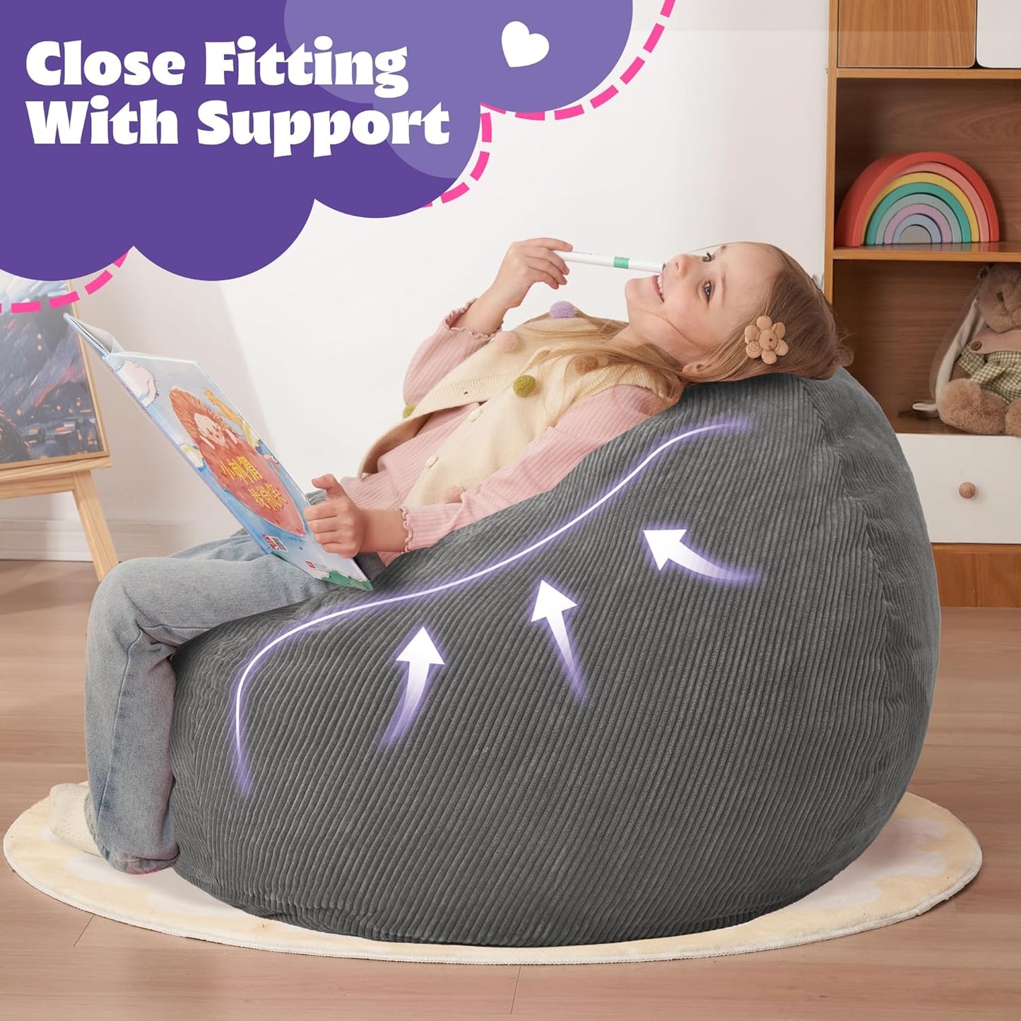 HABUTWAY 2 FT Bean Bag Chair,Giant Bean Bag Chairs,Big Bean Bags with Memory Foam Filled, Large Beanbag Chairs with Soft Corduroy Cover-Grey