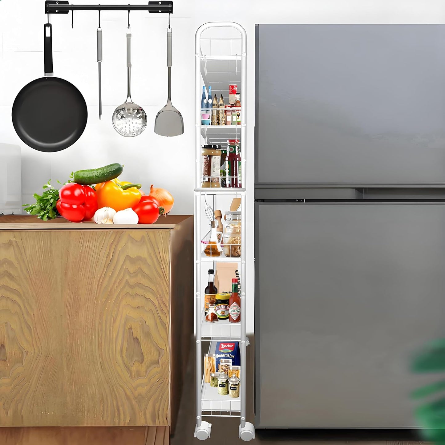 6 Tier 6in Slim Rolling Cart with Handle, White Mobile Shelving Unit with Wheels, Metal Wire Storage Rack with Baskets for Kitchen Bathroom Office Laundry Narrow Piaces