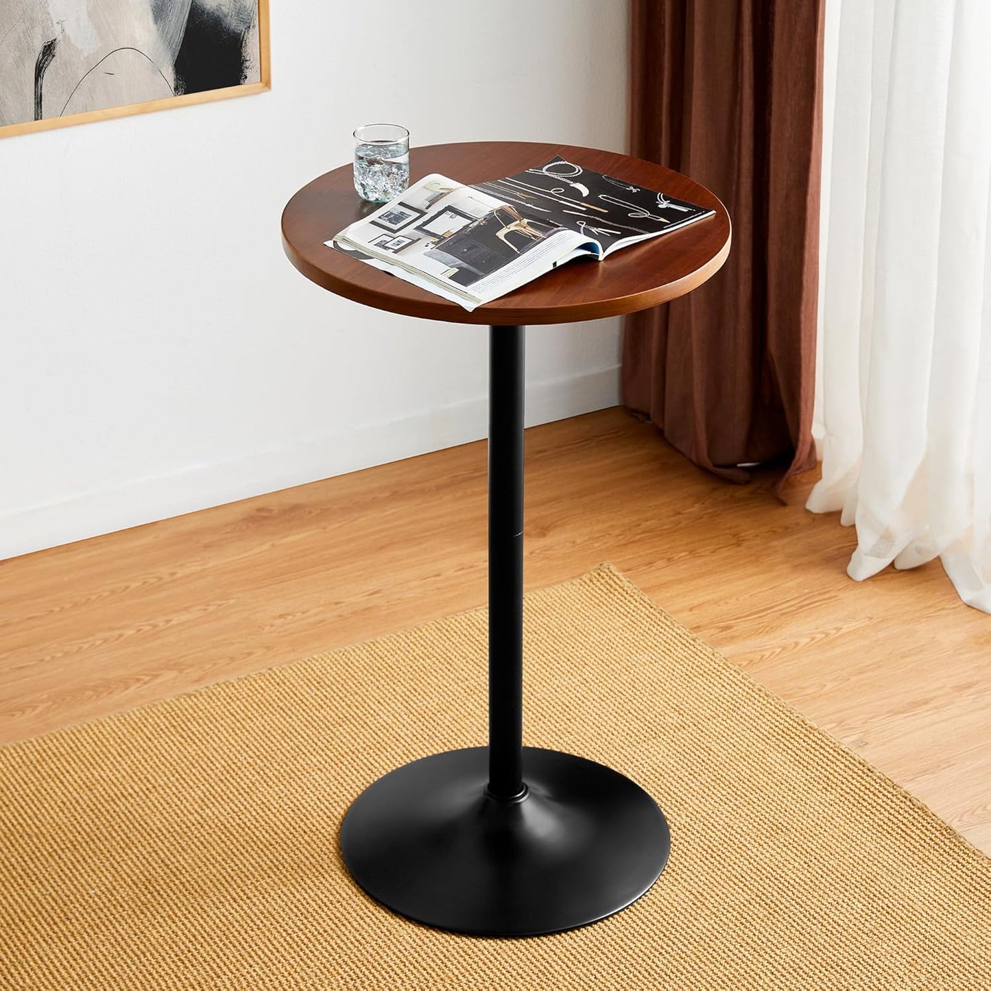 Glitzhome 39.5" H Round Pub Bistro Table, Round Bar Table Wood Top with Black Metal Leg and Base, Walnut Veneer Finish Cocktail Top Tall Table for Kitchen Island,Furniture (Walnut)