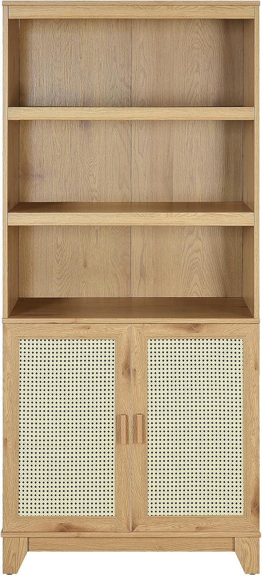 Manhattan Comfort Sheridan Modern Cane Bookcase with Adjustable Open Shelves, Soft Close Doors, and Concealed Compartments, Versatile 3 Tier Bookshelf Storage for Home and Office, Set of 1, Nature