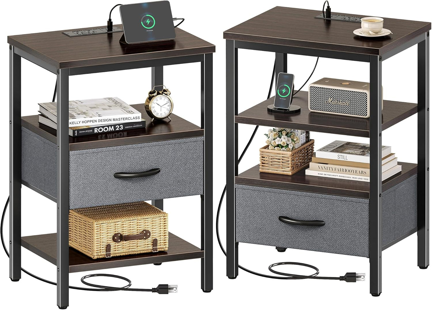 SUPERJARE Nightstand Set of 2, Bed Side Tables with Charging Station, Adjustable Fabric Drawer, Night Stand for Bedroom, 3-Tier Storage End Tables, Walnut
