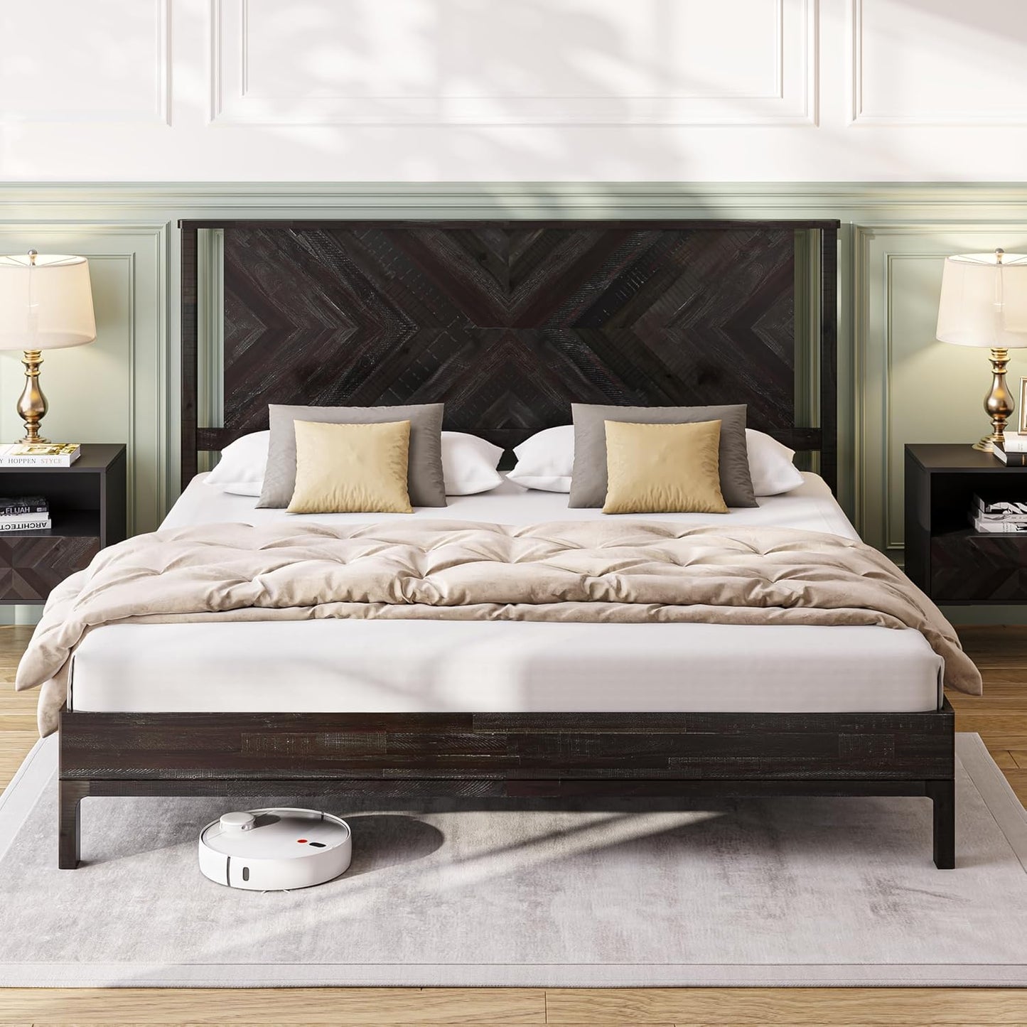 Bme Vivian 14 Inch Deluxe Bed Frame with Headboard, Rustic & Scandinavian Style with Solid Acacia Wood, No Box Spring Needed, 12 Strong Wood Slat Support, Easy Assembly, King, Rustic Black