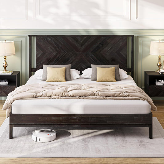 Bme Vivian 14 Inch Deluxe Bed Frame with Headboard, Rustic & Scandinavian Style with Solid Acacia Wood, No Box Spring Needed, 12 Strong Wood Slat Support, Easy Assembly, King, Rustic Black