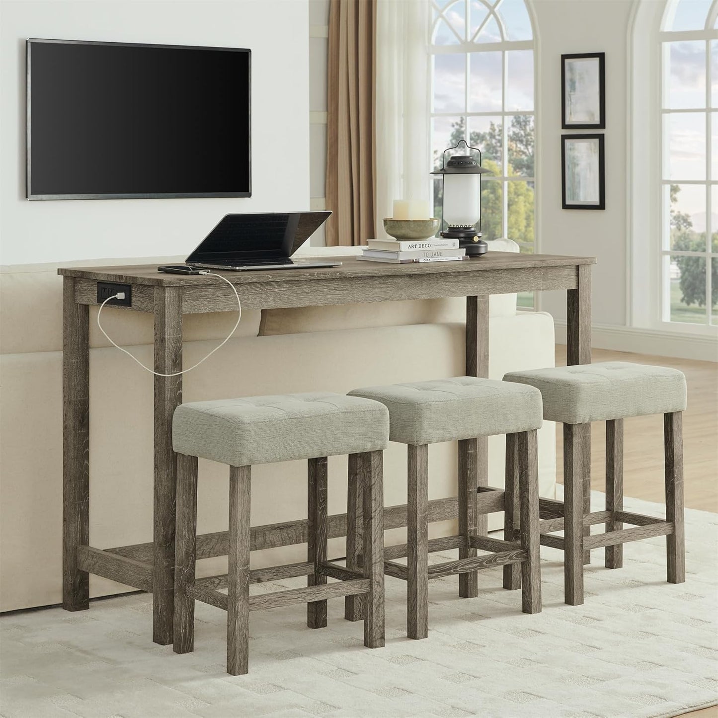 Ball & Cast 4 Piece Kitchen Dining Room Table and Chairs Set, Farmhouse Wooden Counter Height Bar-Sets w/USB Ports & Power Outlet & 3pcs Stools, 59" Sofa-Table Barstool w/Charging Station, Brown