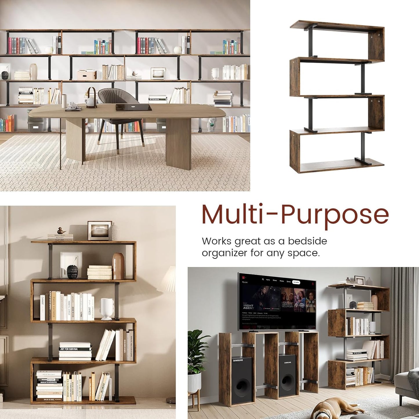 5-Tier Geometric Bookshelf, S Shaped Bookcase, 31.5" W x 58.3" H Wood Decorative Storage Shelving, Modern Freestanding Display Shelves, Tall Book Shelf Unit for Living Room Bedroom