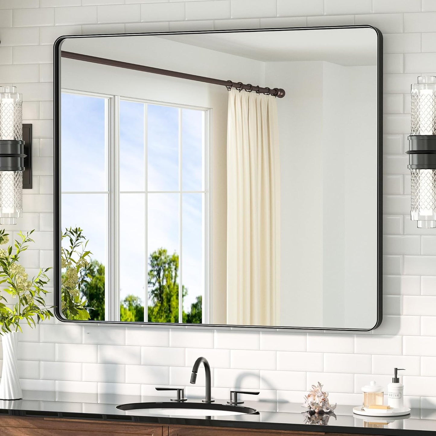TETOTE 42 x 36 Black Bathroom Mirror Matte Black Metal Framed Vanity Mirror, Tempered Glass, Wall Mounted for Bathroom, Entryway, Bedroom, Living Room(Horizontal/Vertical)