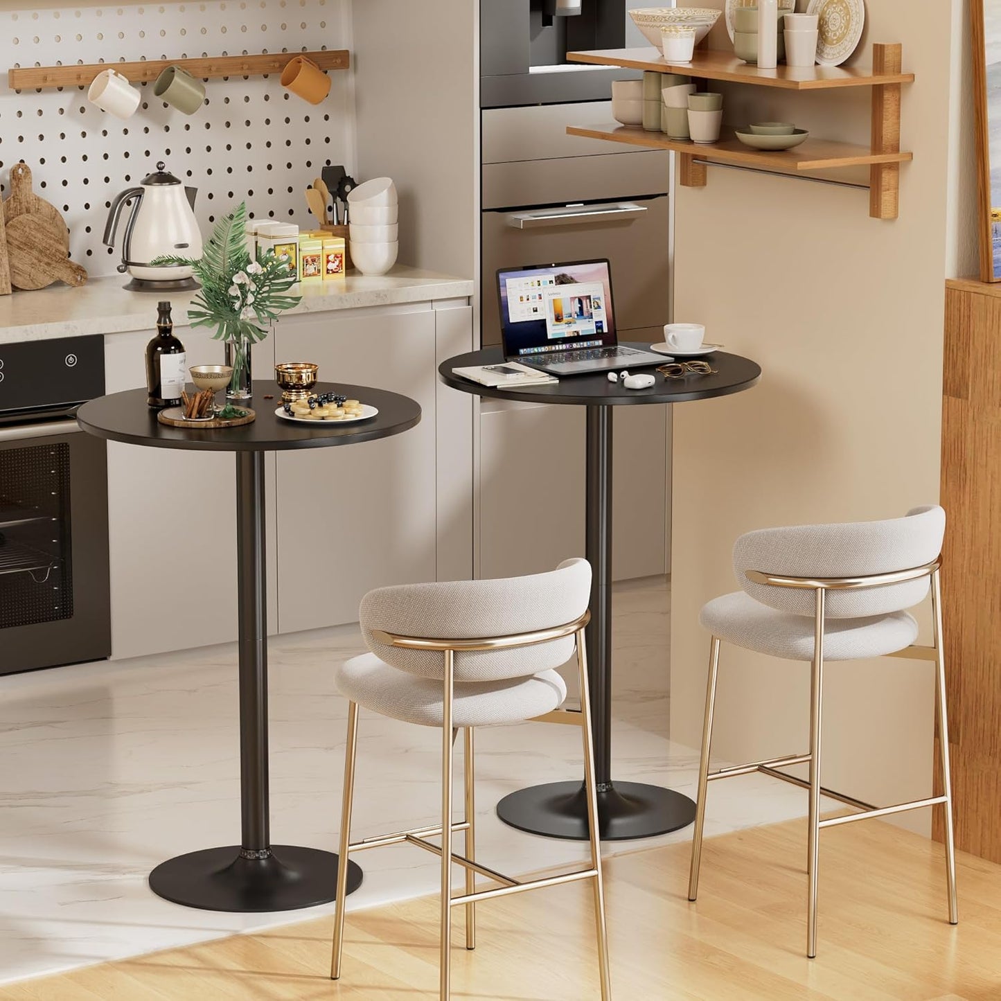 Shahoo Round Bar Table, Cocktail Tables with Metal Base & MDF Top, for Bistro Pub, Cafe, Black