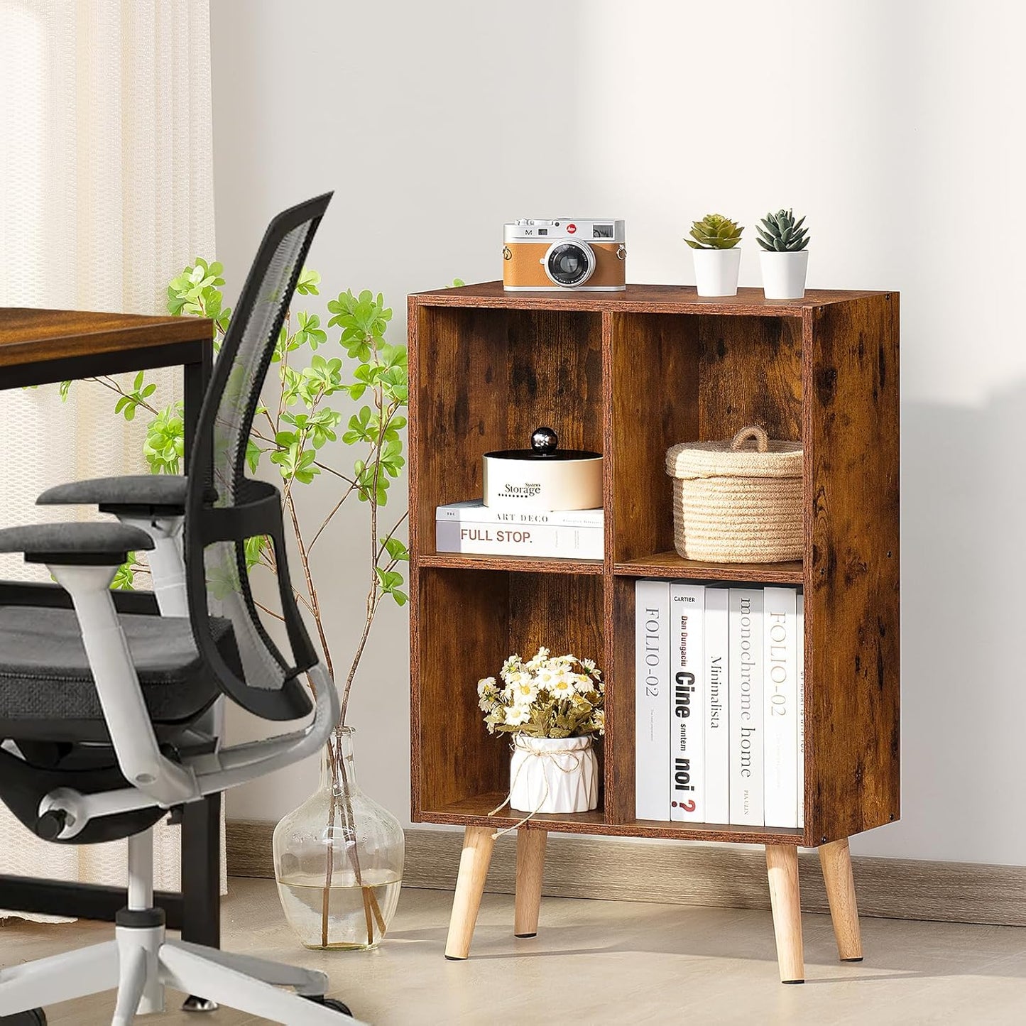 LEYAOYAO 4 Cube Bookshelf, 2-Tier Bookcase with Legs, Brown Kids Book Shelf Cute Storage Organizer, Free Standing Open Toy Shelves Modern Bookshelves,Wood Display Bookcases for Bedroom,Living Room