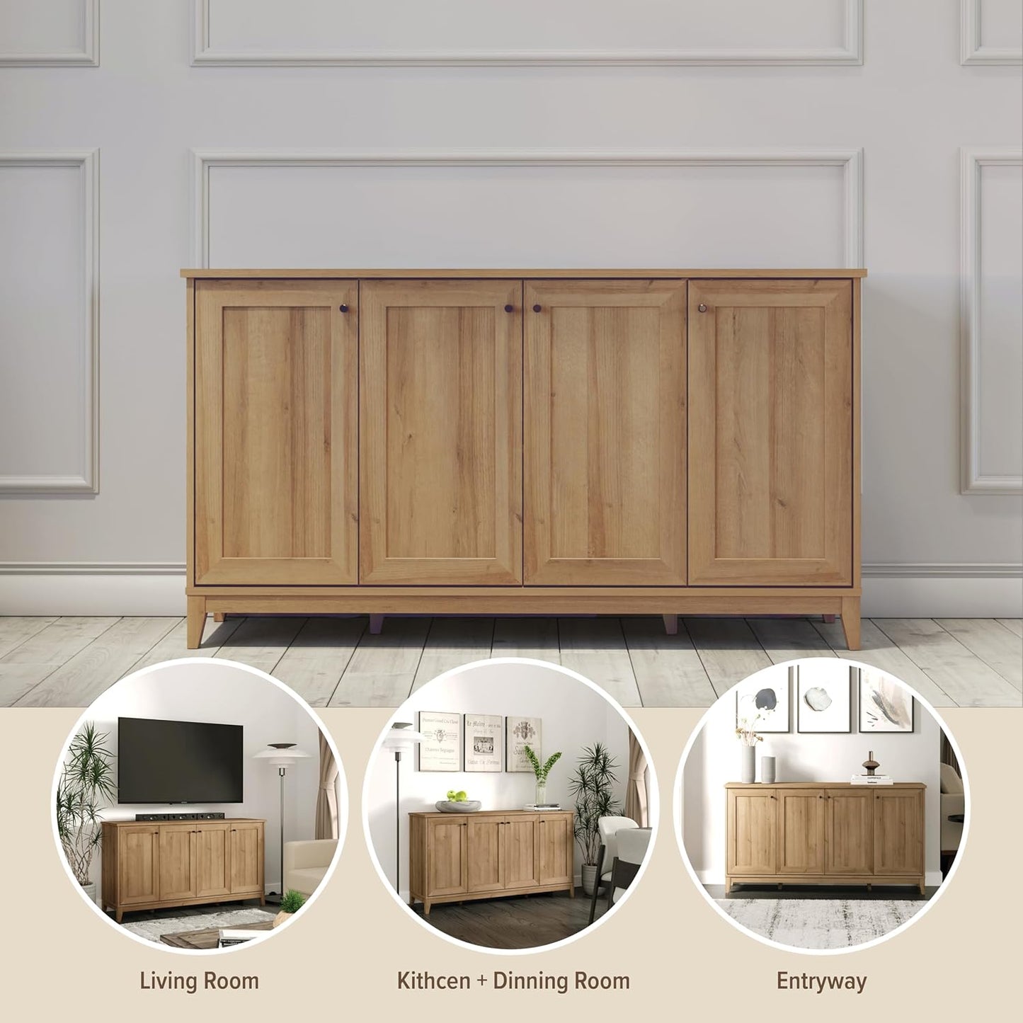 Prepac Yaletown 4 Panel Door Console Table with Storage, Oak Storage Cabinet with Doors and Shelves, Sideboard Storage Cabinet 60" W x 32" H x 16" D, OCBG-2220-1