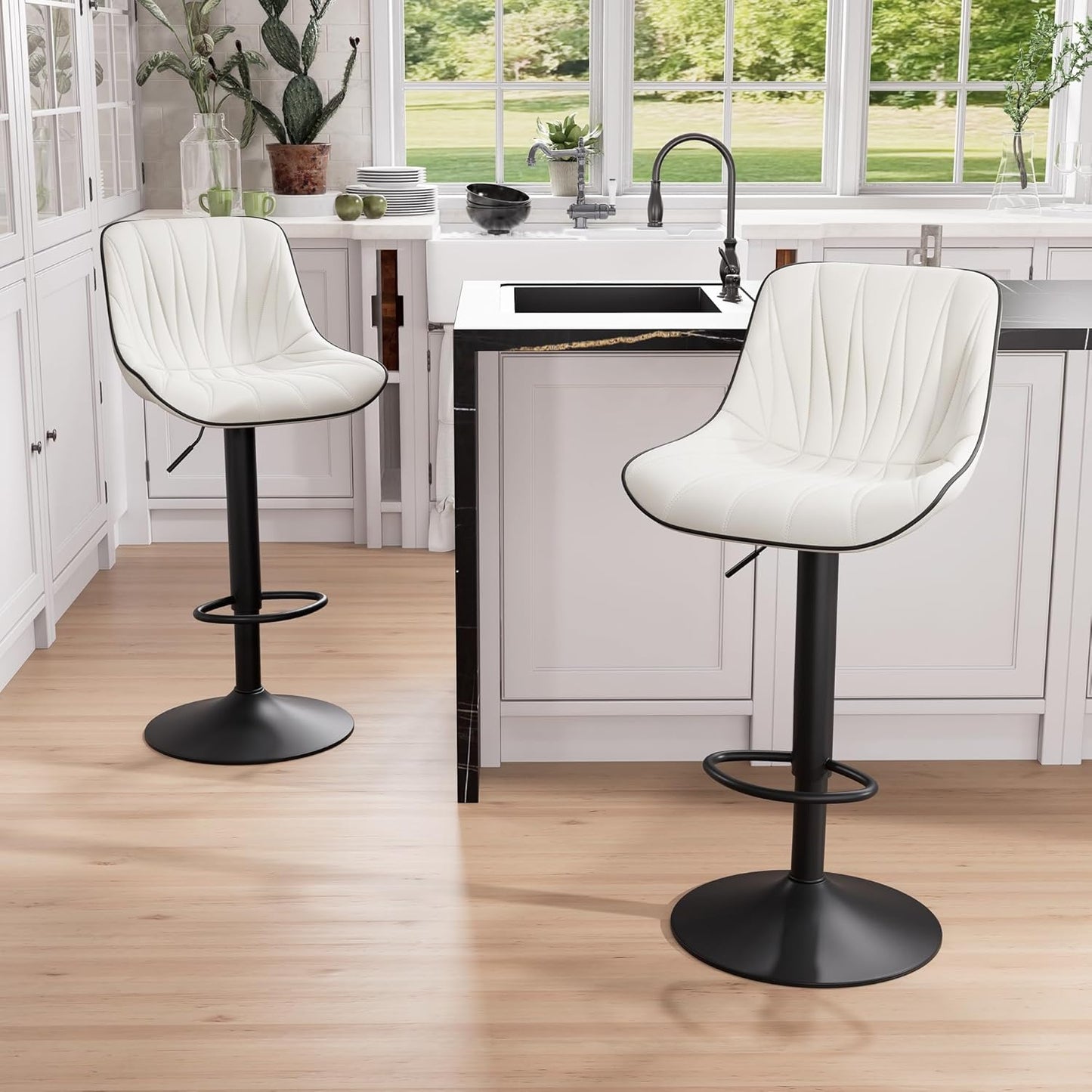 YOUNIKE Bar Stools Set of 2 for Kitchen Island, White Faux Leather Padded Bar Stools, Adjustable Barstools with Back, Modern Tall Bar Stools with 300LBS Support, Counter Height Swivel Bar Chairs