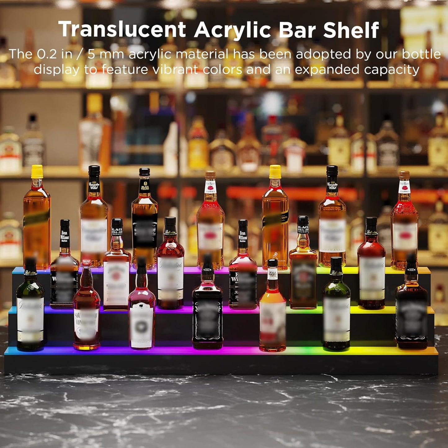 Dethan 3 Tier 48 Inch Liquor Bottle Display Shelf - Wine Racks with Multi-Color App & Remote Control, Adjustable Brightness & Sound Modes, Acrylic Bar Shelves for Commercial Clubs